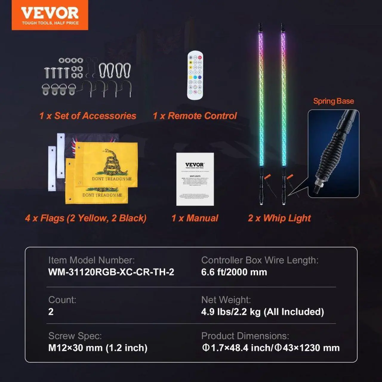 Alt view image 7 of 7 - VEVOR 2 PCS 4 FT Whip Light with Spring Base, Led Whip Light with APP & Remote Control, Waterproof 360° Spiral RGB Chasing Lighted Whips with 2 Flags, for UTVs, ATVs, Motorcycles, RZR, Can-am, Go-kart