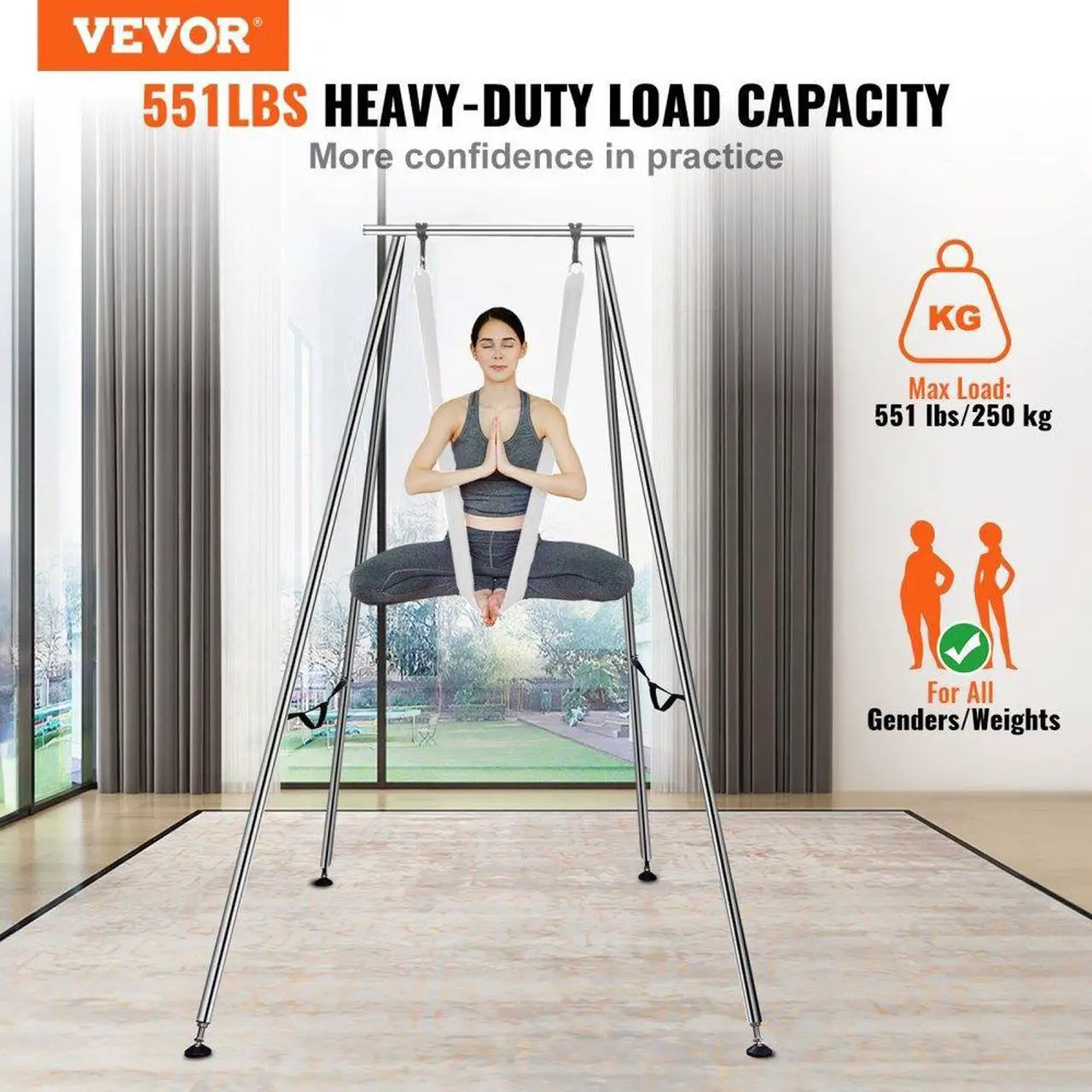Alt view image 2 of 7 - VEVOR Aerial Yoga Frame & Yoga Hammock, 9.67 ft Height Professional Yoga Swing Stand Comes with 6.6 Yards Aerial Hammock, Max 551.15 lbs Load Capacity Yoga Rig for Indoor Outdoor Aerial Yoga, White
