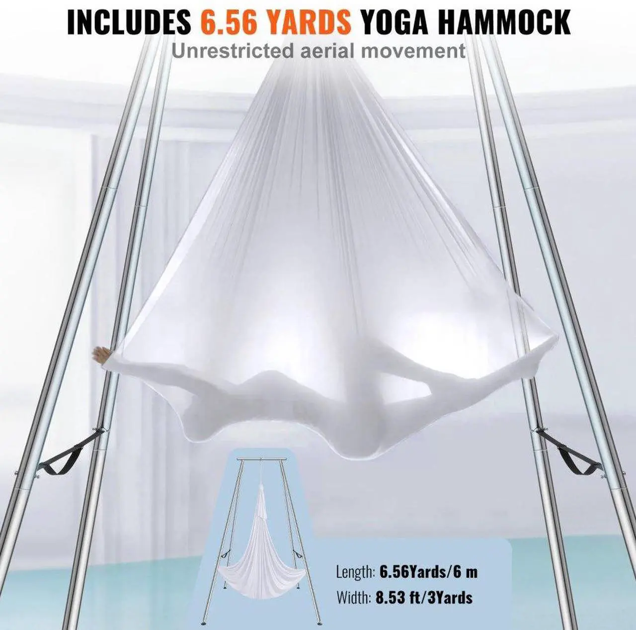 Alt view image 4 of 7 - VEVOR Aerial Yoga Frame & Yoga Hammock, 9.67 ft Height Professional Yoga Swing Stand Comes with 6.6 Yards Aerial Hammock, Max 551.15 lbs Load Capacity Yoga Rig for Indoor Outdoor Aerial Yoga, White