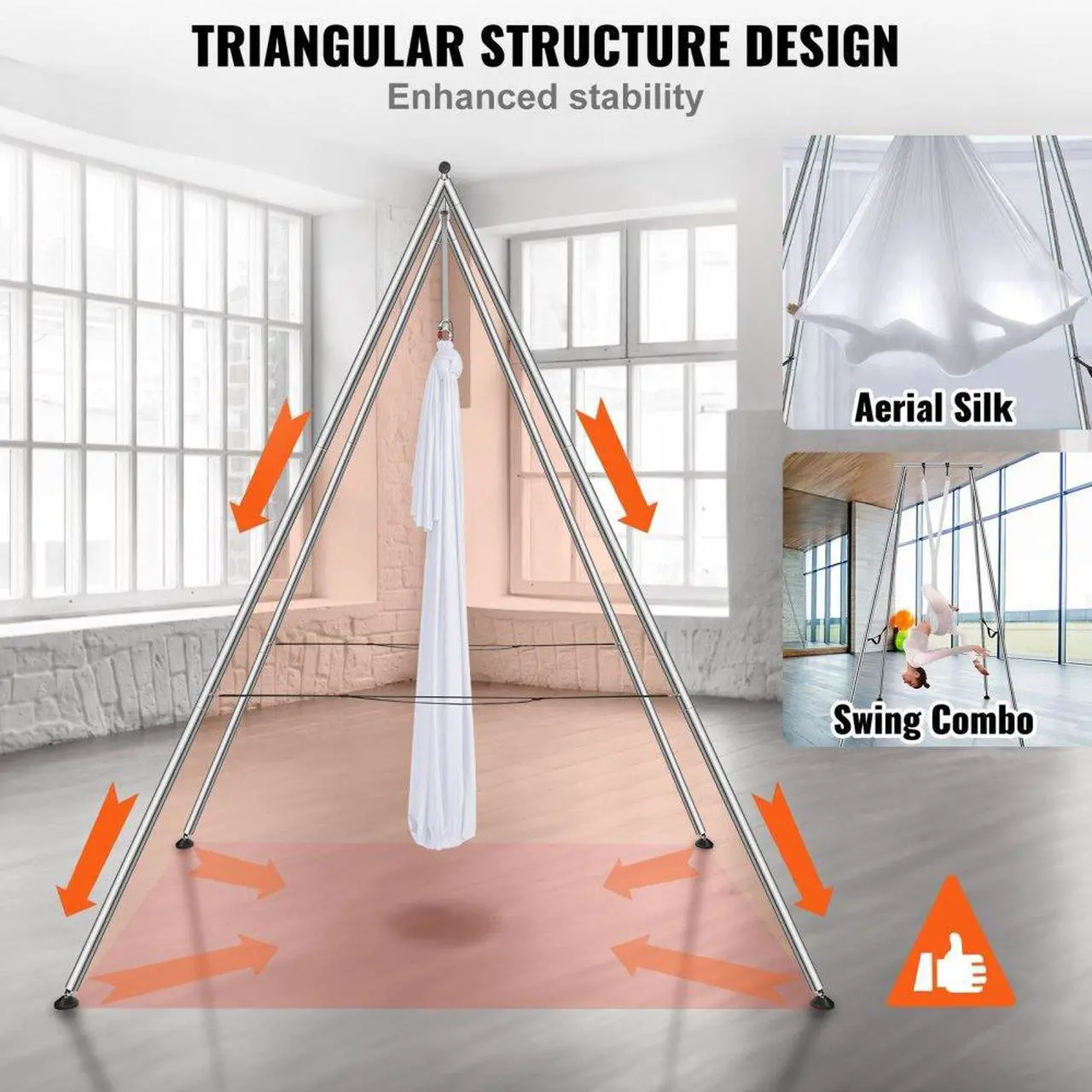 Alt view image 5 of 7 - VEVOR Aerial Yoga Frame & Yoga Hammock, 9.67 ft Height Professional Yoga Swing Stand Comes with 6.6 Yards Aerial Hammock, Max 551.15 lbs Load Capacity Yoga Rig for Indoor Outdoor Aerial Yoga, White