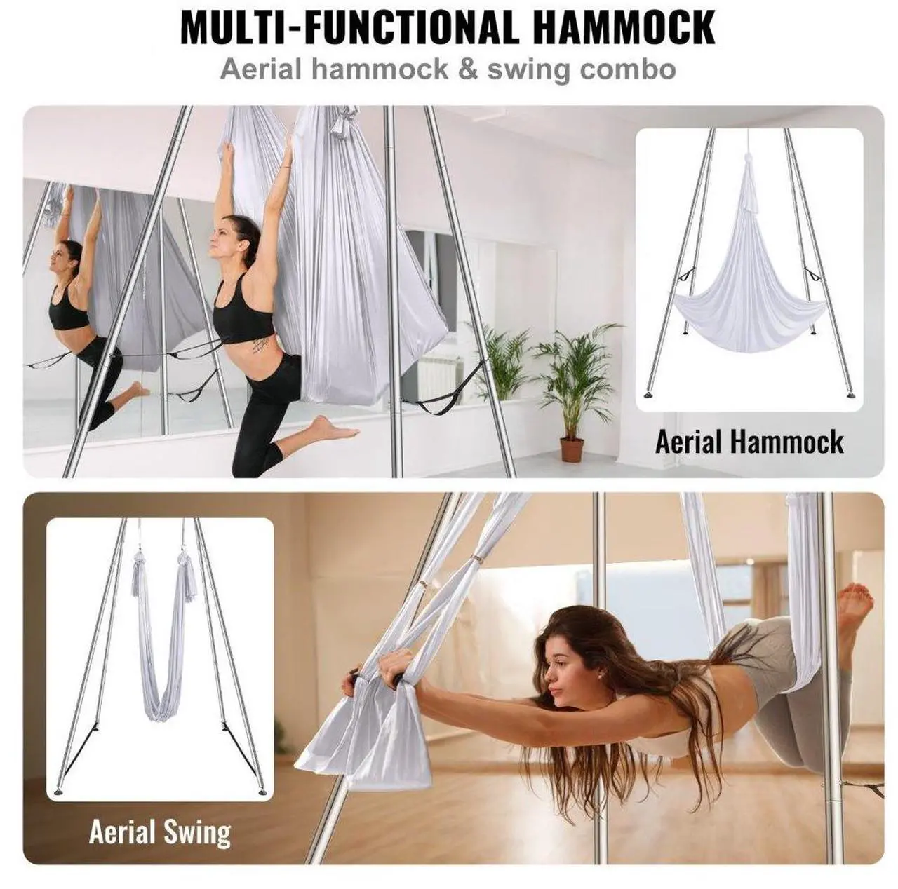 Alt view image 6 of 7 - VEVOR Aerial Yoga Frame & Yoga Hammock, 9.67 ft Height Professional Yoga Swing Stand Comes with 6.6 Yards Aerial Hammock, Max 551.15 lbs Load Capacity Yoga Rig for Indoor Outdoor Aerial Yoga, White
