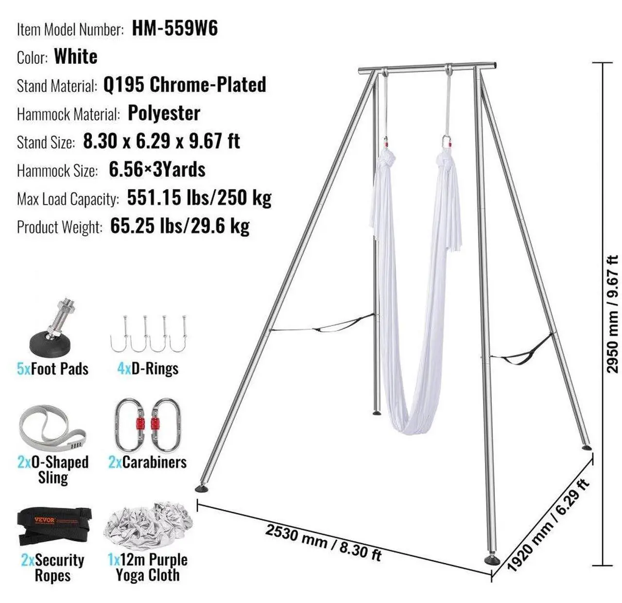 Alt view image 7 of 7 - VEVOR Aerial Yoga Frame & Yoga Hammock, 9.67 ft Height Professional Yoga Swing Stand Comes with 6.6 Yards Aerial Hammock, Max 551.15 lbs Load Capacity Yoga Rig for Indoor Outdoor Aerial Yoga, White