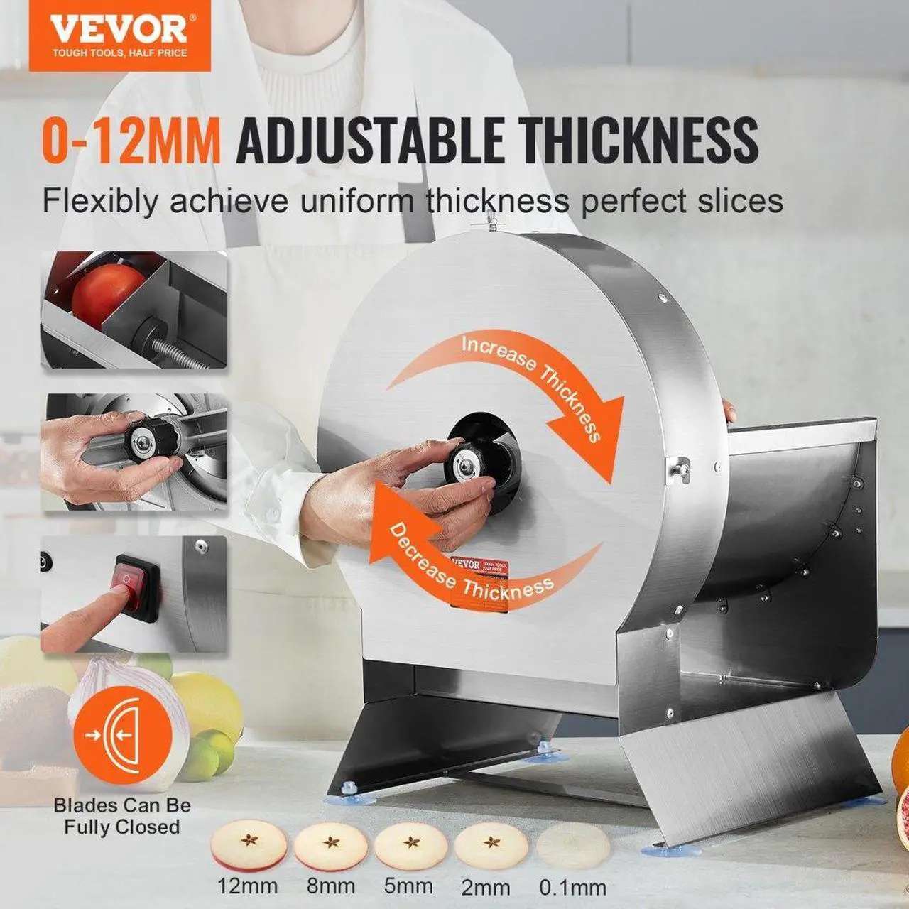 Alt view image 2 of 7 - VEVOR Electric Vegetable Slicer, 0-0.5"/0-12mm Thickness Adjustable Commercial Slicer Machine, Convertible to Manual, Stainless Steel Food Cutter Slicing Machine, Large Feed Port for Potato, Tomato