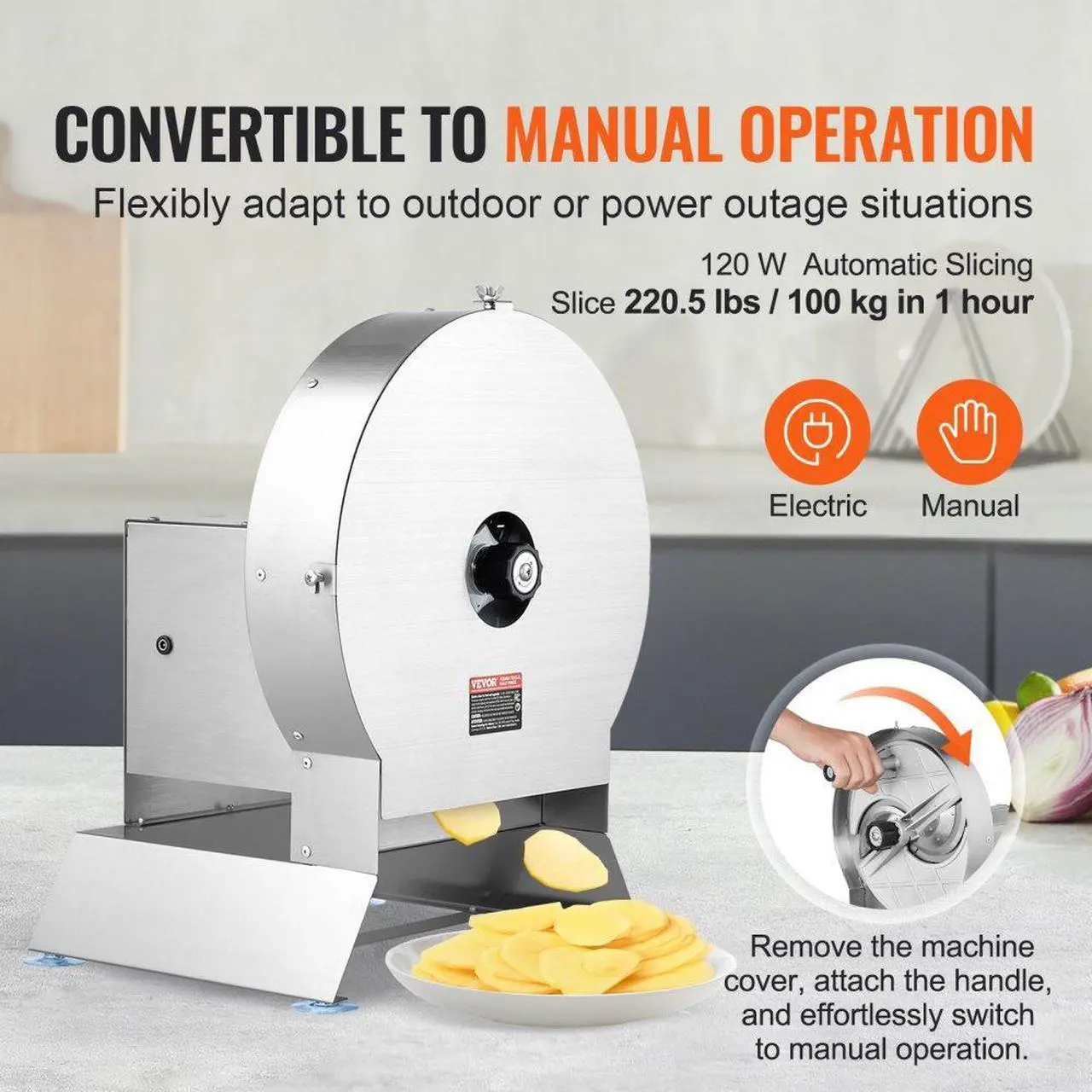 Alt view image 3 of 7 - VEVOR Electric Vegetable Slicer, 0-0.5"/0-12mm Thickness Adjustable Commercial Slicer Machine, Convertible to Manual, Stainless Steel Food Cutter Slicing Machine, Large Feed Port for Potato, Tomato