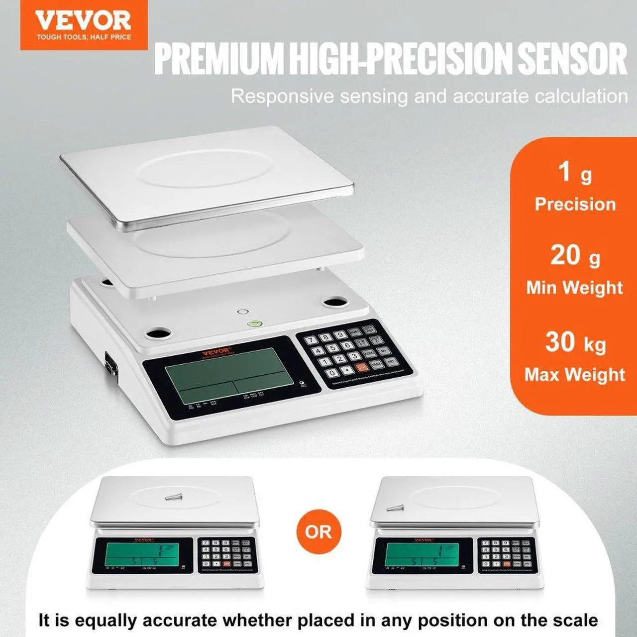 Alt view image 2 of 7 - VEVOR Industrial Counting Scale, 30 kg x 1 g, Digital Scale for Parts and Coins, g/kg/lb Units, Electronic Gram Scale Inventory Counting Scale Kitchen Jewelry Scale with RS232 Port and LCD Screen
