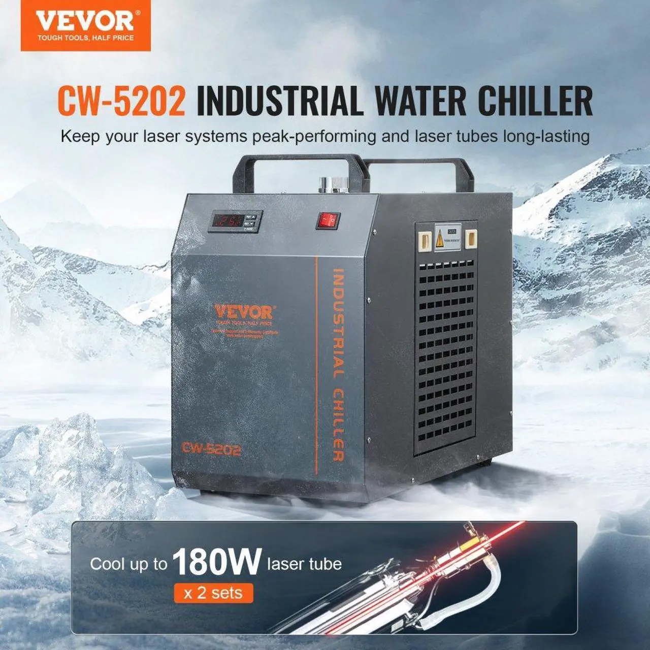 Alt view image 2 of 7 - VEVOR Industrial Water Chiller, CW-5202, Industrial Water Cooler Cooling System with Built-in Compressor 7L Water Tank Capacity 18 L/min Max Flow Rate, for CO2 Laser Engraving Machine Cooling Machine