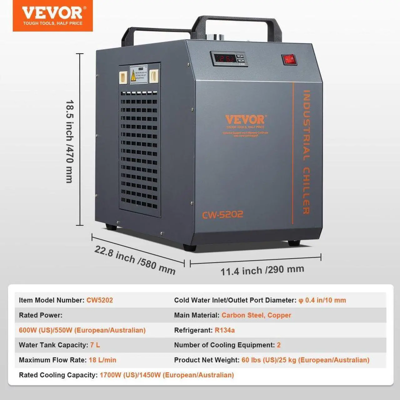 Alt view image 7 of 7 - VEVOR Industrial Water Chiller, CW-5202, Industrial Water Cooler Cooling System with Built-in Compressor 7L Water Tank Capacity 18 L/min Max Flow Rate, for CO2 Laser Engraving Machine Cooling Machine