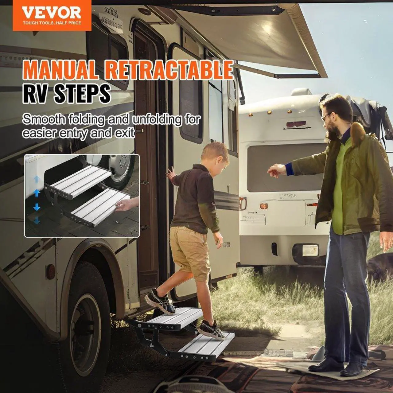 Alt view image 2 of 7 - VEVOR RV Steps, 2-Step, Manual Retractable RV Stairs, Foldable, 440 LBS Load Capacity, Aluminum Alloy Steps, Thickened Steel Plate, Non-Slip Steps for Safe Entry and Exit, RV, Trailer, Camper Steps