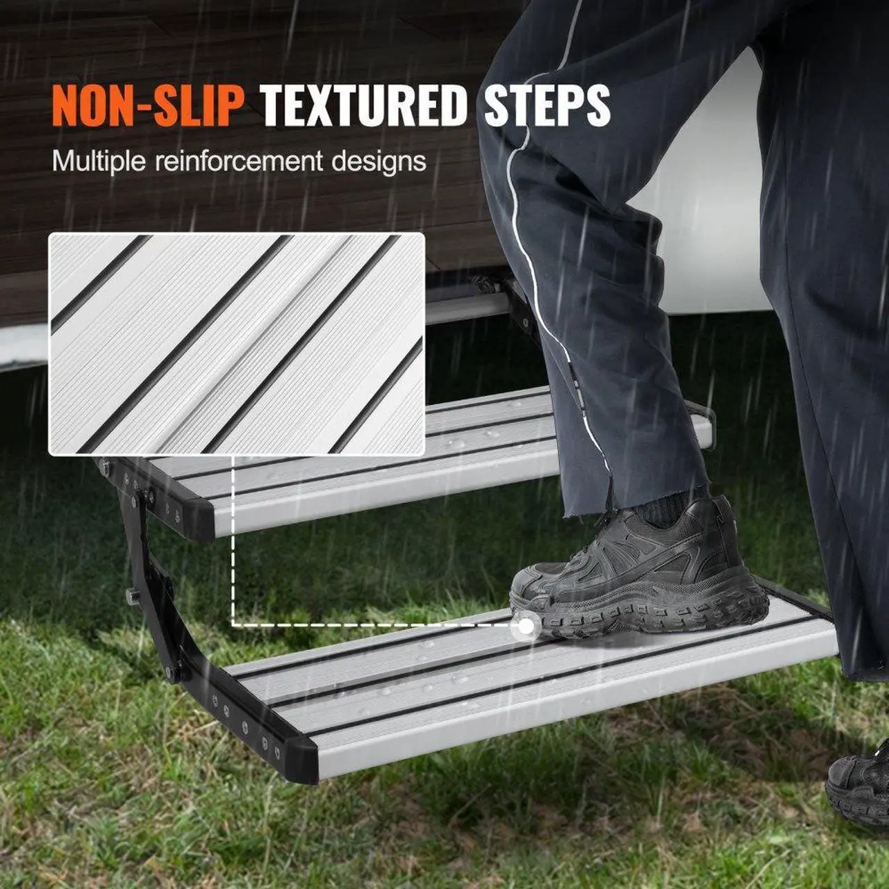Alt view image 5 of 7 - VEVOR RV Steps, 2-Step, Manual Retractable RV Stairs, Foldable, 440 LBS Load Capacity, Aluminum Alloy Steps, Thickened Steel Plate, Non-Slip Steps for Safe Entry and Exit, RV, Trailer, Camper Steps