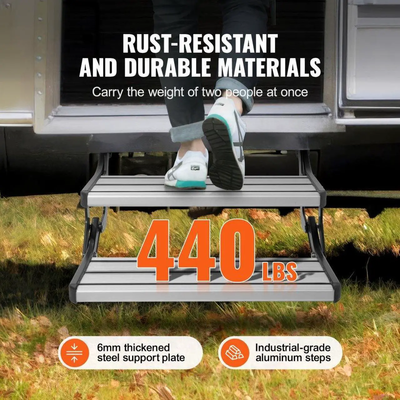 Alt view image 4 of 7 - VEVOR RV Steps, 2-Step, Manual Retractable RV Stairs, Foldable, 440 LBS Load Capacity, Aluminum Alloy Steps, Thickened Steel Plate, Non-Slip Steps for Safe Entry and Exit, RV, Trailer, Camper Steps