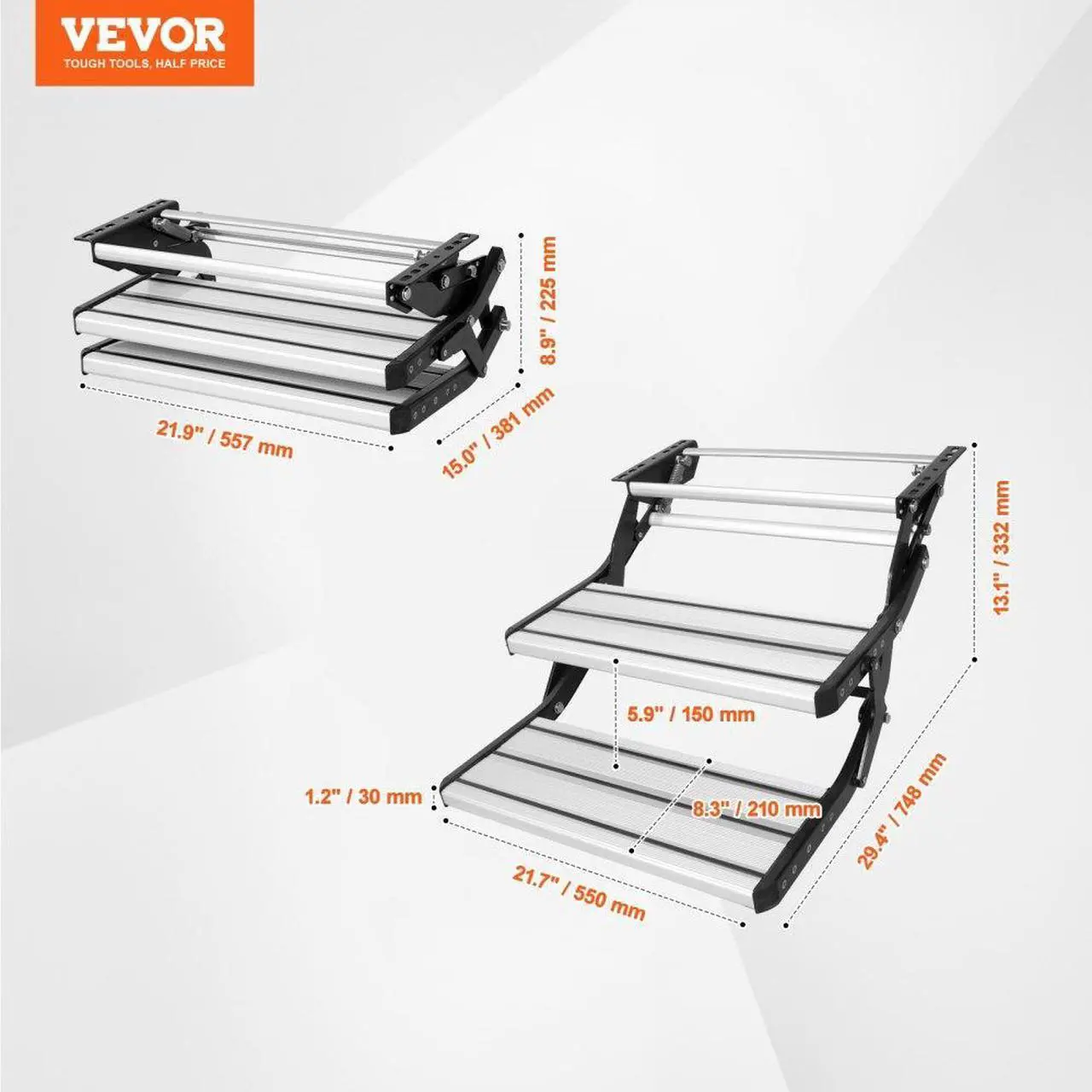 Alt view image 7 of 7 - VEVOR RV Steps, 2-Step, Manual Retractable RV Stairs, Foldable, 440 LBS Load Capacity, Aluminum Alloy Steps, Thickened Steel Plate, Non-Slip Steps for Safe Entry and Exit, RV, Trailer, Camper Steps