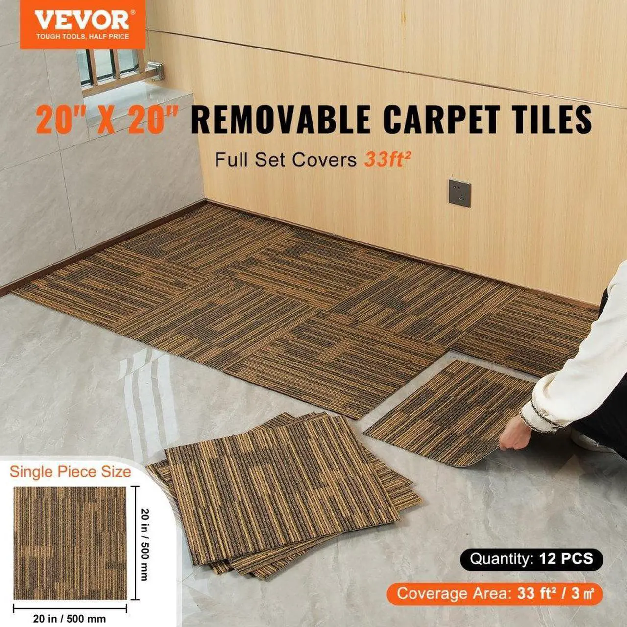 Alt view image 2 of 7 - VEVOR Carpet Tiles Reusable, 20"x 20"Carpet Squares With Padding Attached, Soft Padded Carpet Tiles, Easy Install DIY for Bedroom Living Room (12Tiles, Mixed Brown)