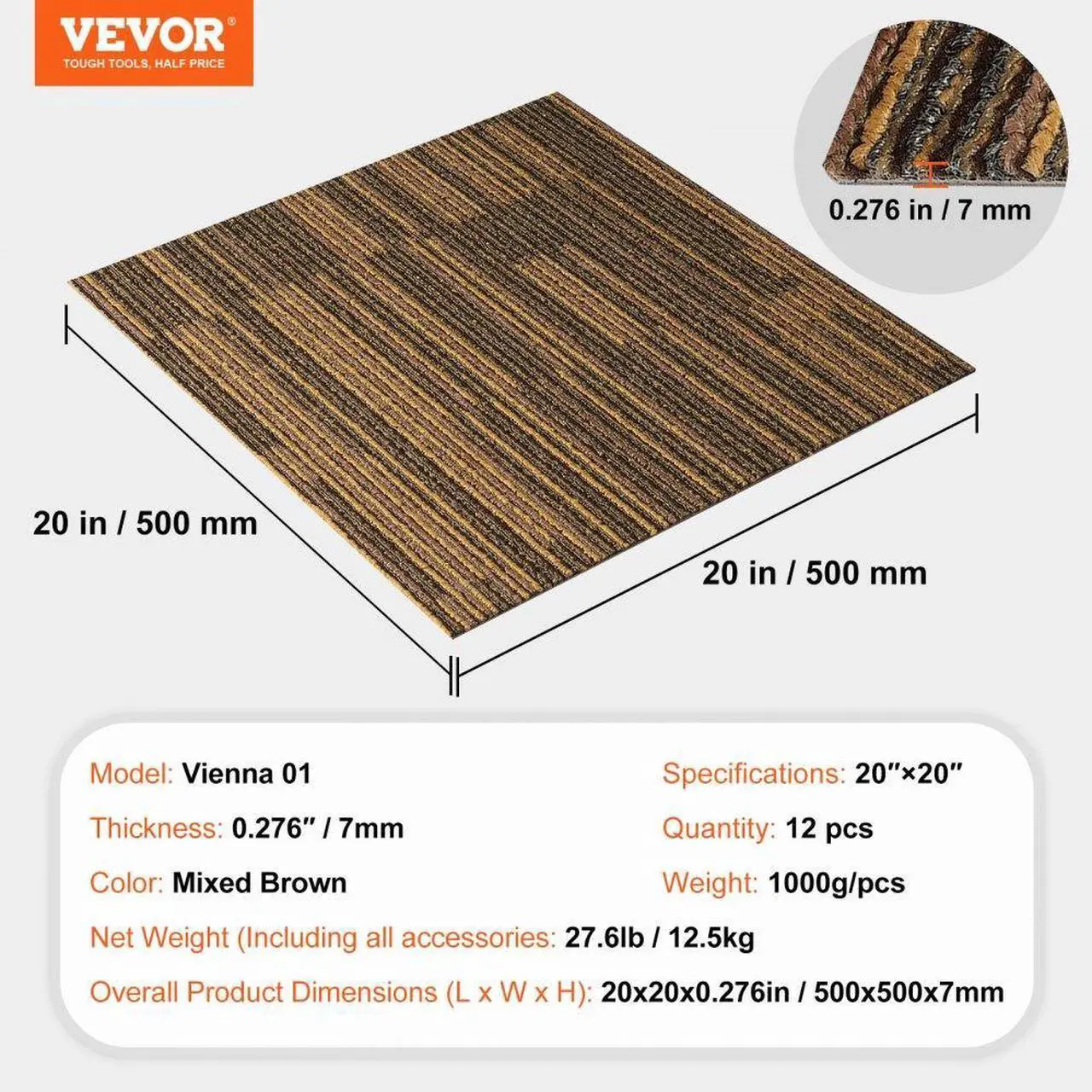 Alt view image 7 of 7 - VEVOR Carpet Tiles Reusable, 20"x 20"Carpet Squares With Padding Attached, Soft Padded Carpet Tiles, Easy Install DIY for Bedroom Living Room (12Tiles, Mixed Brown)