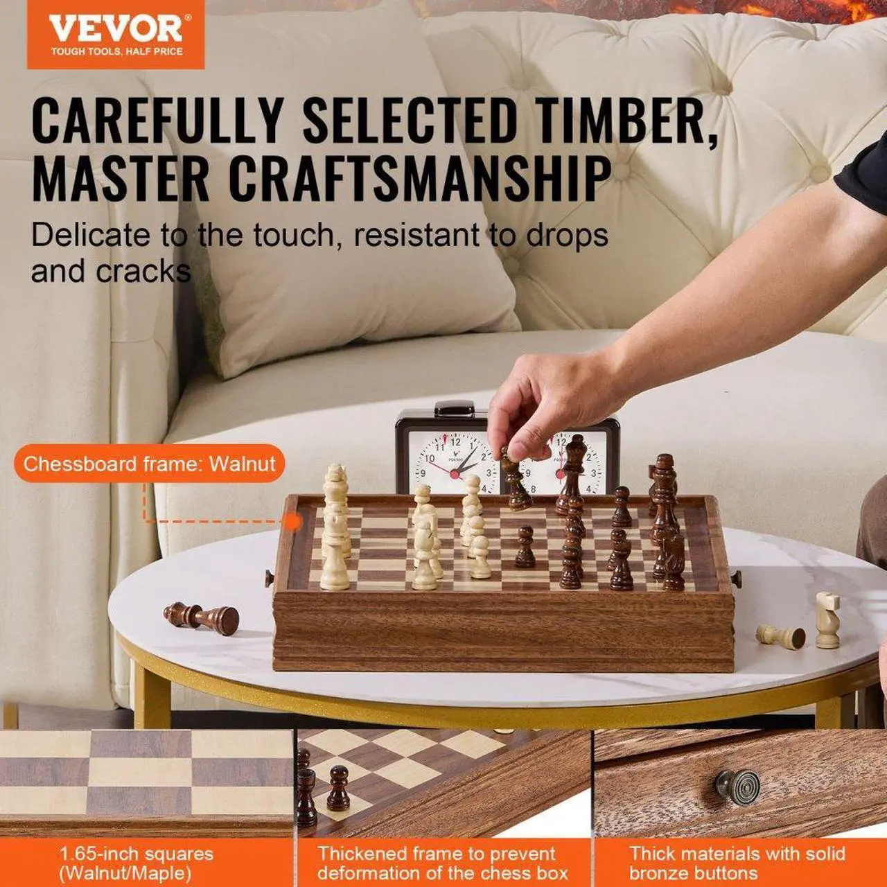 Alt view image 2 of 7 - VEVOR Solid Wood Chess Set, 15 inch  2-IN-1 Chess Checkers Game Set, Chess Board Games with Storage Drawer & Weighted Chess Checkers Pieces & 2 Queens, for Adults Kids Tournament Professional Beginner