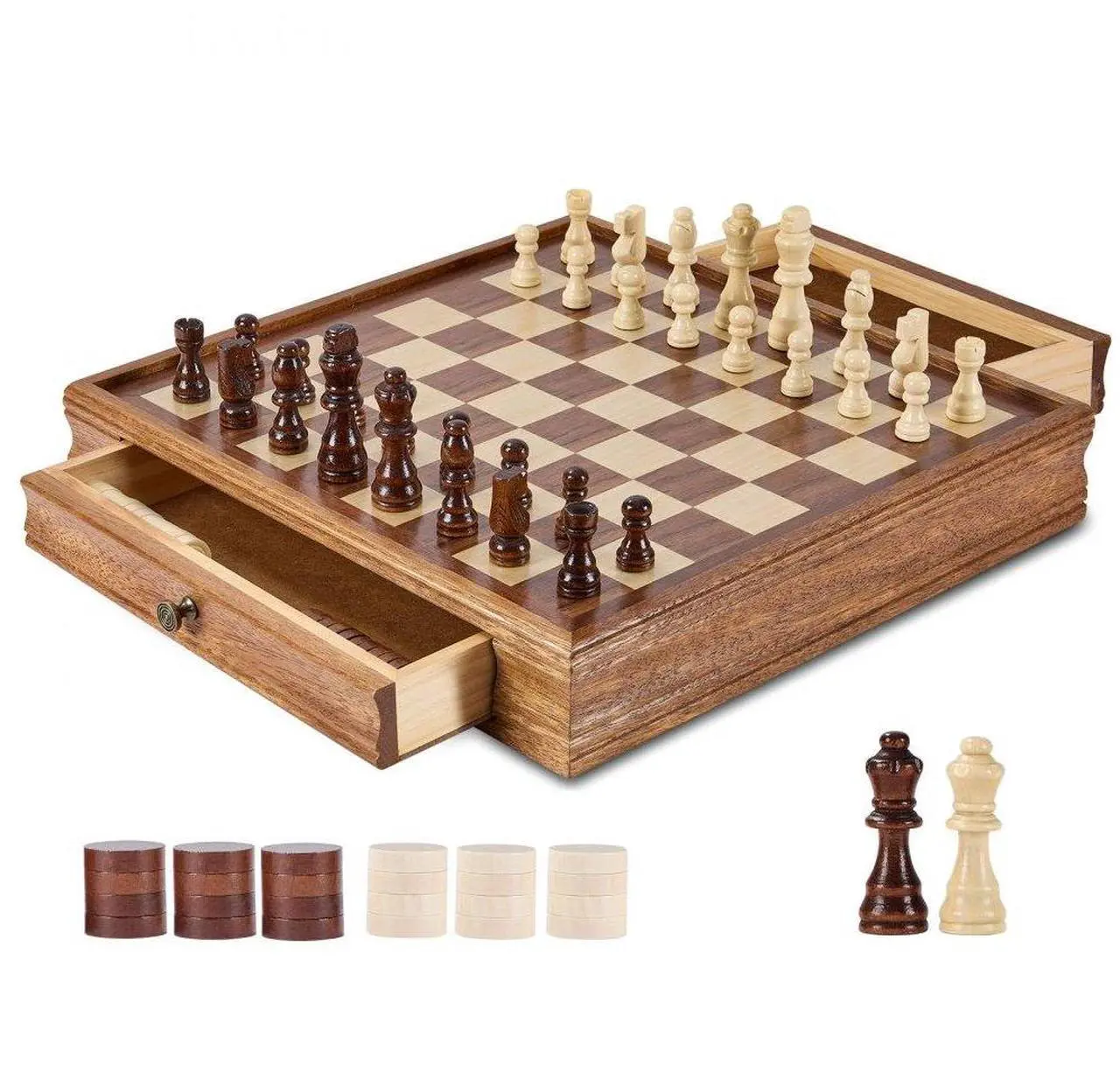Main image of VEVOR Solid Wood Chess Set, 15 inch  2-IN-1 Chess Checkers Game Set, Chess Board Games with Storage Drawer & Weighted Chess Checkers Pieces & 2 Queens, for Adults Kids Tournament Professional Beginner