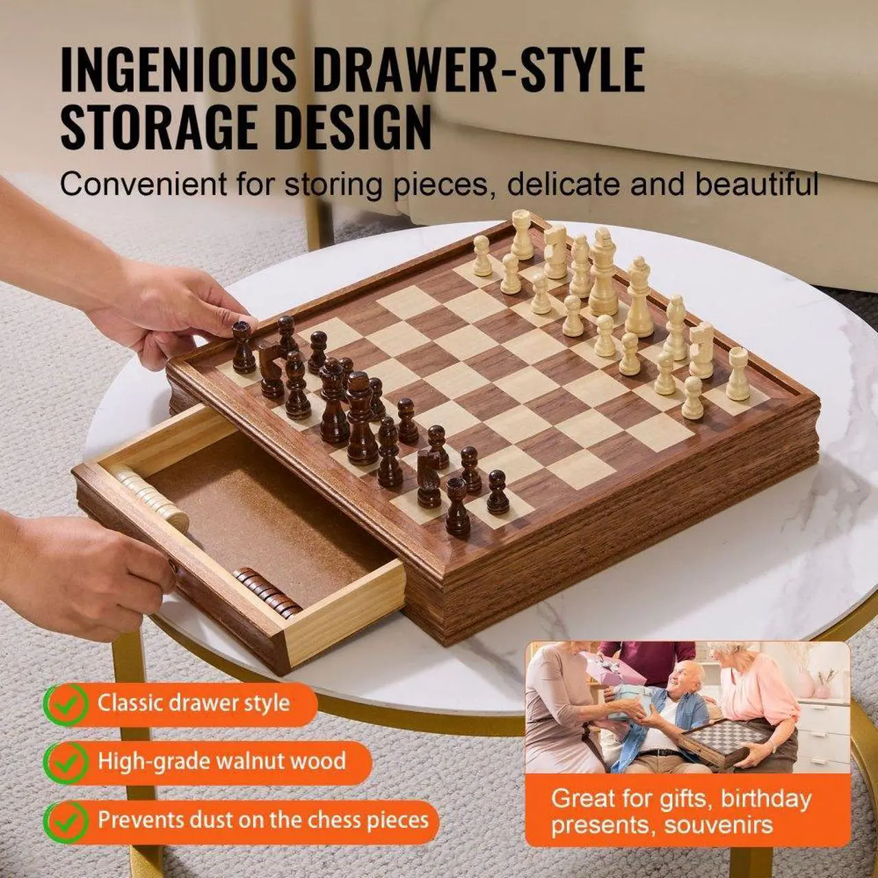 Alt view image 3 of 7 - VEVOR Solid Wood Chess Set, 15 inch  2-IN-1 Chess Checkers Game Set, Chess Board Games with Storage Drawer & Weighted Chess Checkers Pieces & 2 Queens, for Adults Kids Tournament Professional Beginner