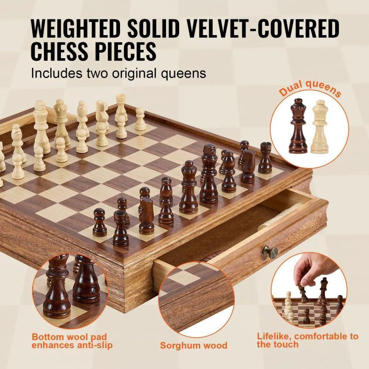 Alt view image 5 of 7 - VEVOR Solid Wood Chess Set, 15 inch  2-IN-1 Chess Checkers Game Set, Chess Board Games with Storage Drawer & Weighted Chess Checkers Pieces & 2 Queens, for Adults Kids Tournament Professional Beginner