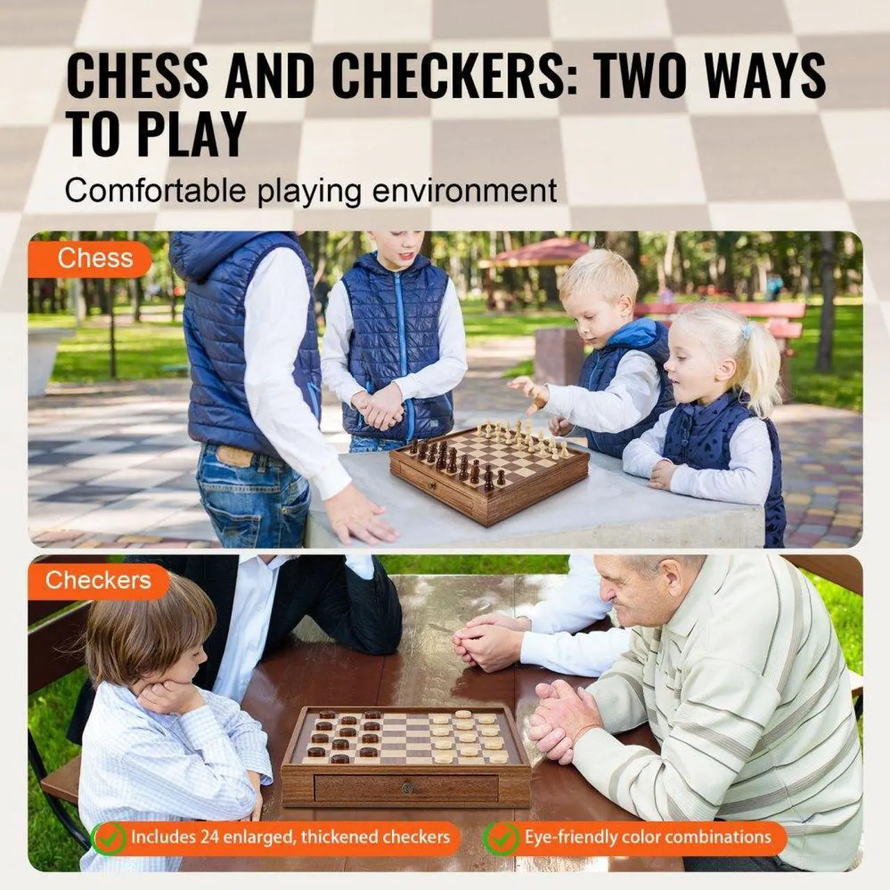 Alt view image 6 of 7 - VEVOR Solid Wood Chess Set, 15 inch  2-IN-1 Chess Checkers Game Set, Chess Board Games with Storage Drawer & Weighted Chess Checkers Pieces & 2 Queens, for Adults Kids Tournament Professional Beginner