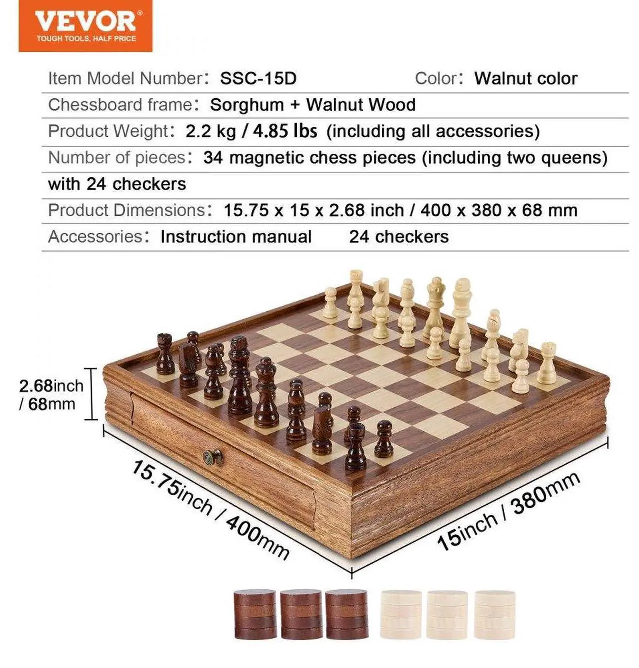 Alt view image 7 of 7 - VEVOR Solid Wood Chess Set, 15 inch  2-IN-1 Chess Checkers Game Set, Chess Board Games with Storage Drawer & Weighted Chess Checkers Pieces & 2 Queens, for Adults Kids Tournament Professional Beginner
