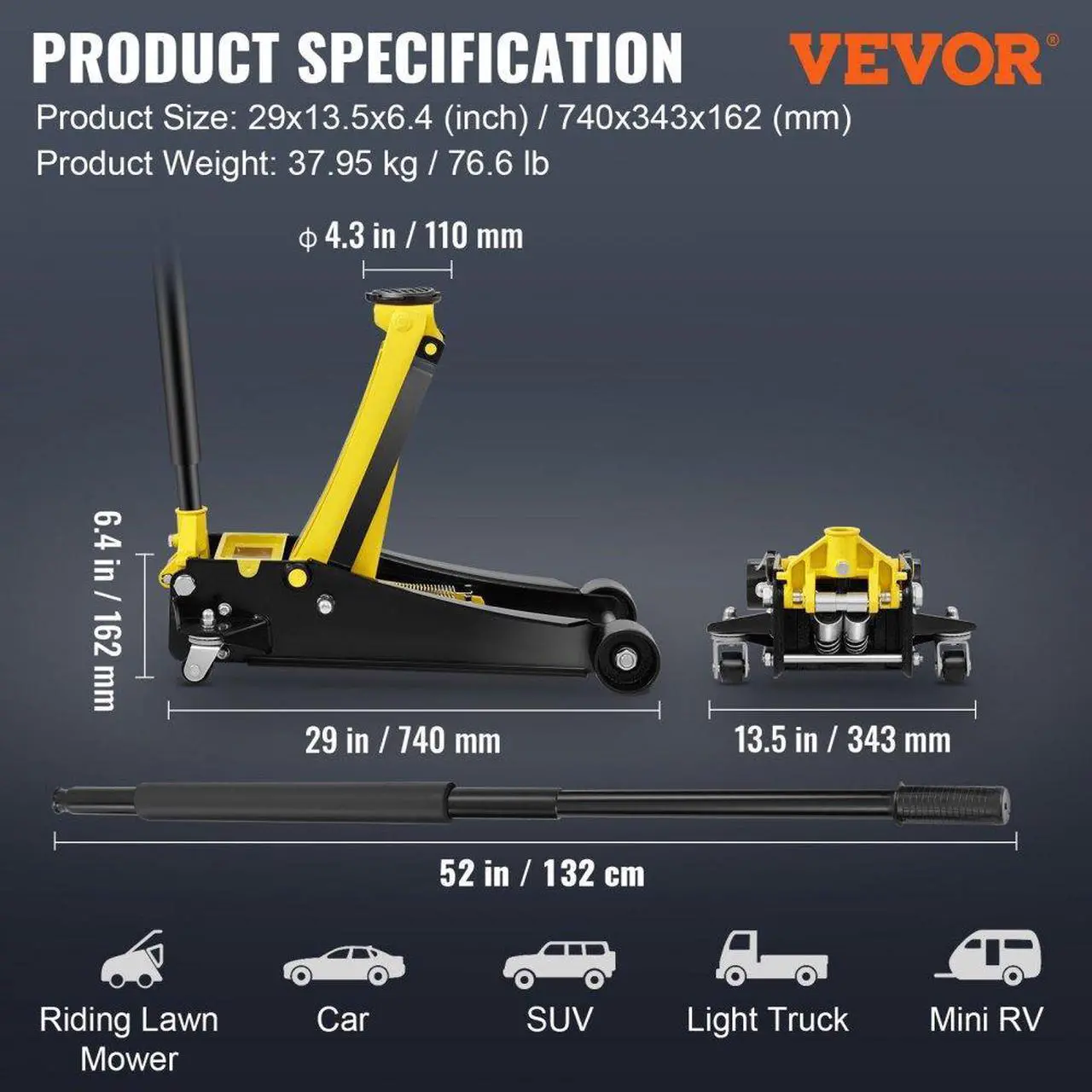 Alt view image 7 of 7 - VEVOR Low Profile Floor Jack 4 Ton Heavy Duty Steel Dual Piston Rapid Pump