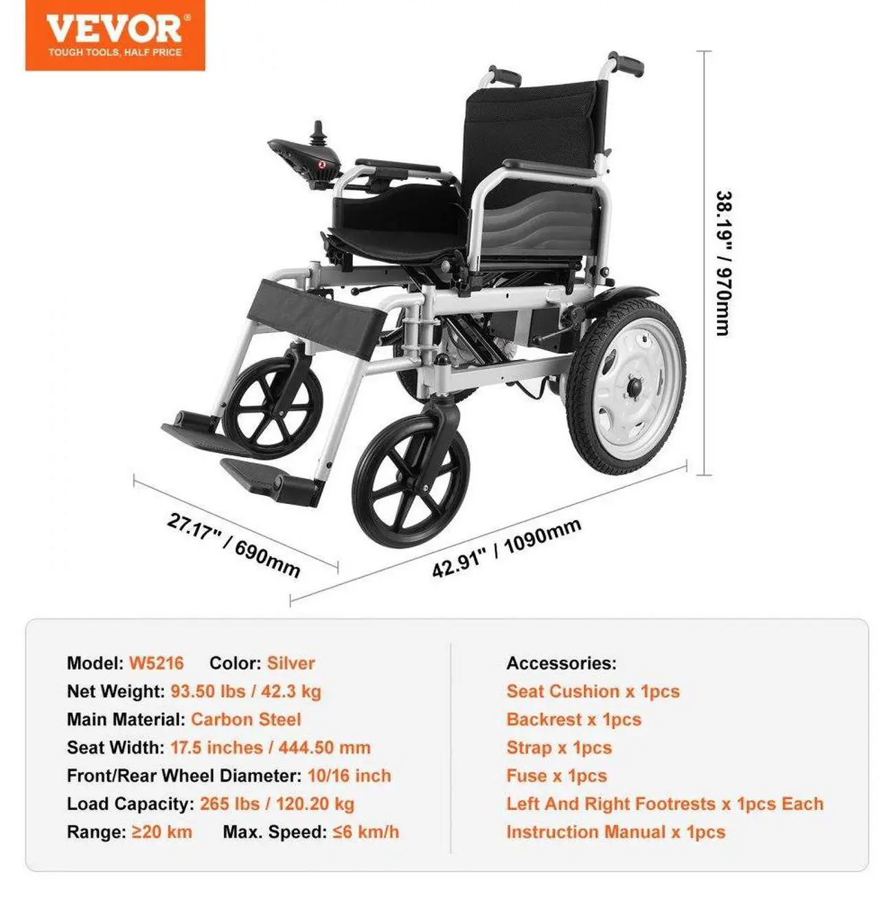 Alt view image 7 of 7 - VEVOR Electric Wheelchair for Adults Seniors, 265 lbs Weight Capacity, 17.5in Width Lightweight Foldable Motorized Power Wheelchairs, UP to 12.5Miles Range All Terrain Power Chair, Adjustable Backrest