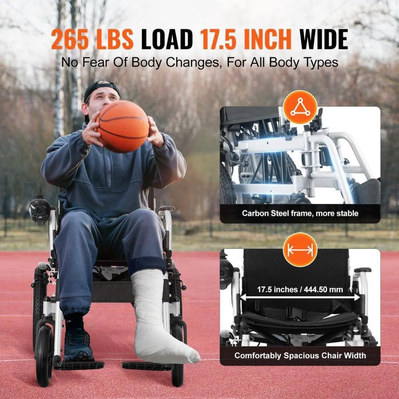 Alt view image 6 of 7 - VEVOR Electric Wheelchair for Adults Seniors, 265 lbs Weight Capacity, 17.5in Width Lightweight Foldable Motorized Power Wheelchairs, UP to 12.5Miles Range All Terrain Power Chair, Adjustable Backrest