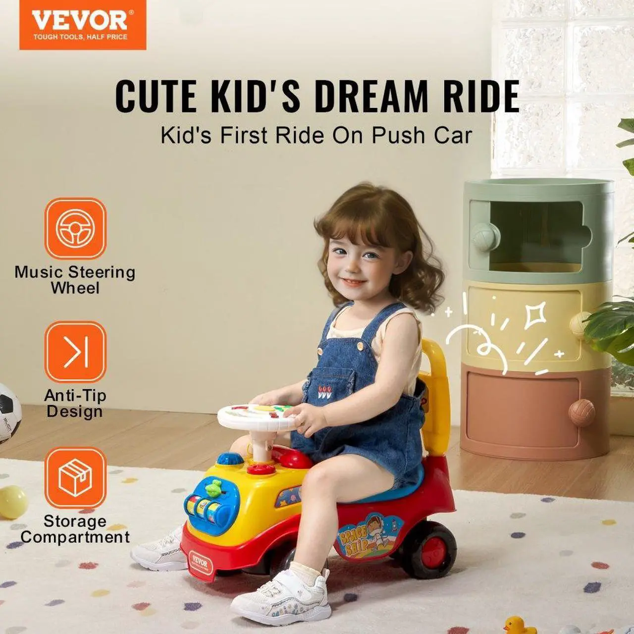 Alt view image 2 of 7 - VEVOR Ride On Push Car for Toddlers, Ages 1-3, Ride Racer, Sit to Stand Toddler Ride On Toy, Classic Kids Ride On Car with Music Steering Wheel, Horn & Under Seat Storage, Ride On Toy for Boys Girls