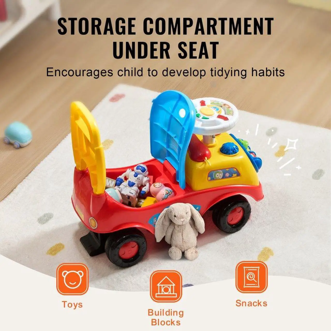 Alt view image 5 of 7 - VEVOR Ride On Push Car for Toddlers, Ages 1-3, Ride Racer, Sit to Stand Toddler Ride On Toy, Classic Kids Ride On Car with Music Steering Wheel, Horn & Under Seat Storage, Ride On Toy for Boys Girls