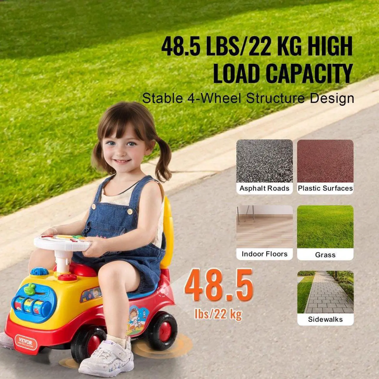 Alt view image 3 of 7 - VEVOR Ride On Push Car for Toddlers, Ages 1-3, Ride Racer, Sit to Stand Toddler Ride On Toy, Classic Kids Ride On Car with Music Steering Wheel, Horn & Under Seat Storage, Ride On Toy for Boys Girls