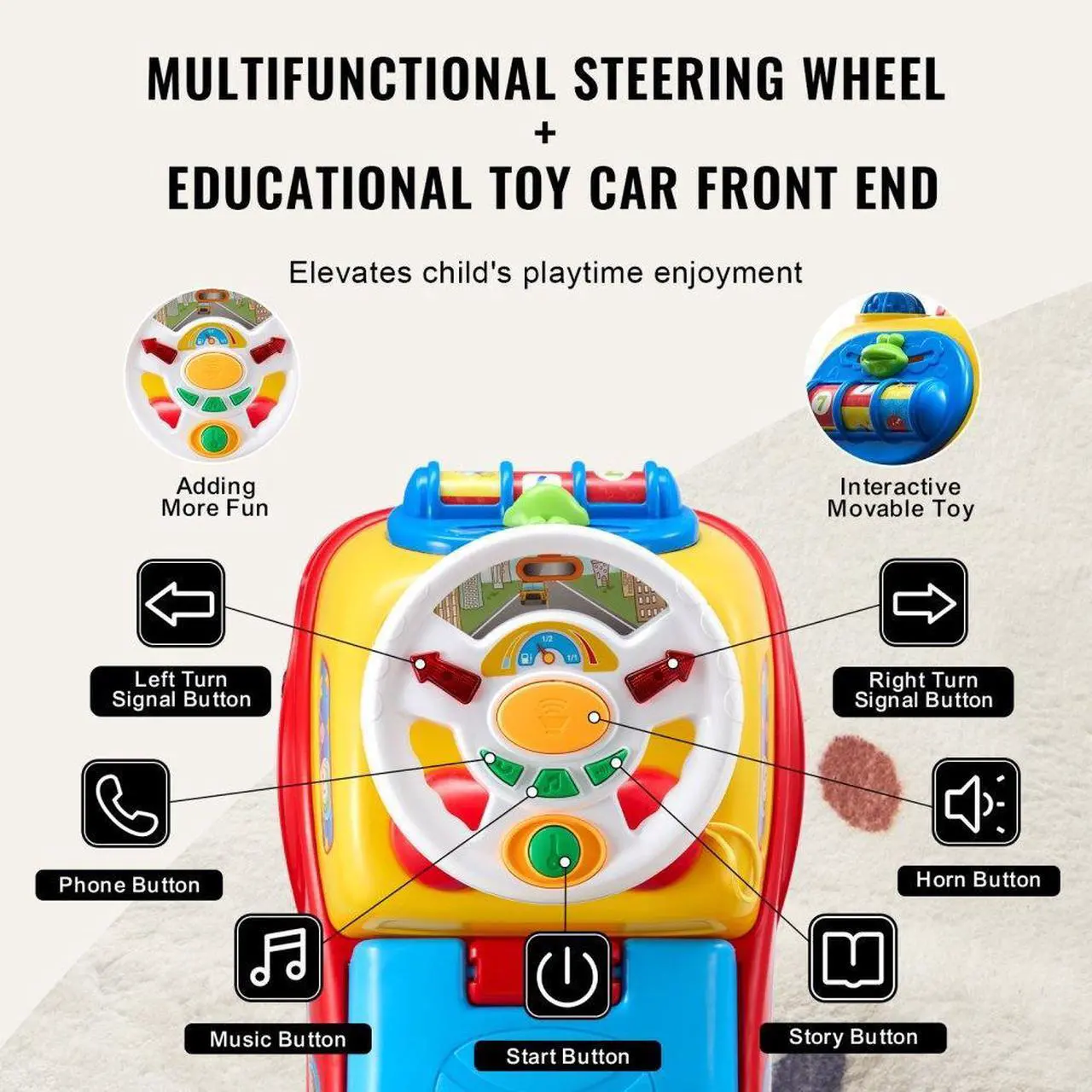 Alt view image 4 of 7 - VEVOR Ride On Push Car for Toddlers, Ages 1-3, Ride Racer, Sit to Stand Toddler Ride On Toy, Classic Kids Ride On Car with Music Steering Wheel, Horn & Under Seat Storage, Ride On Toy for Boys Girls
