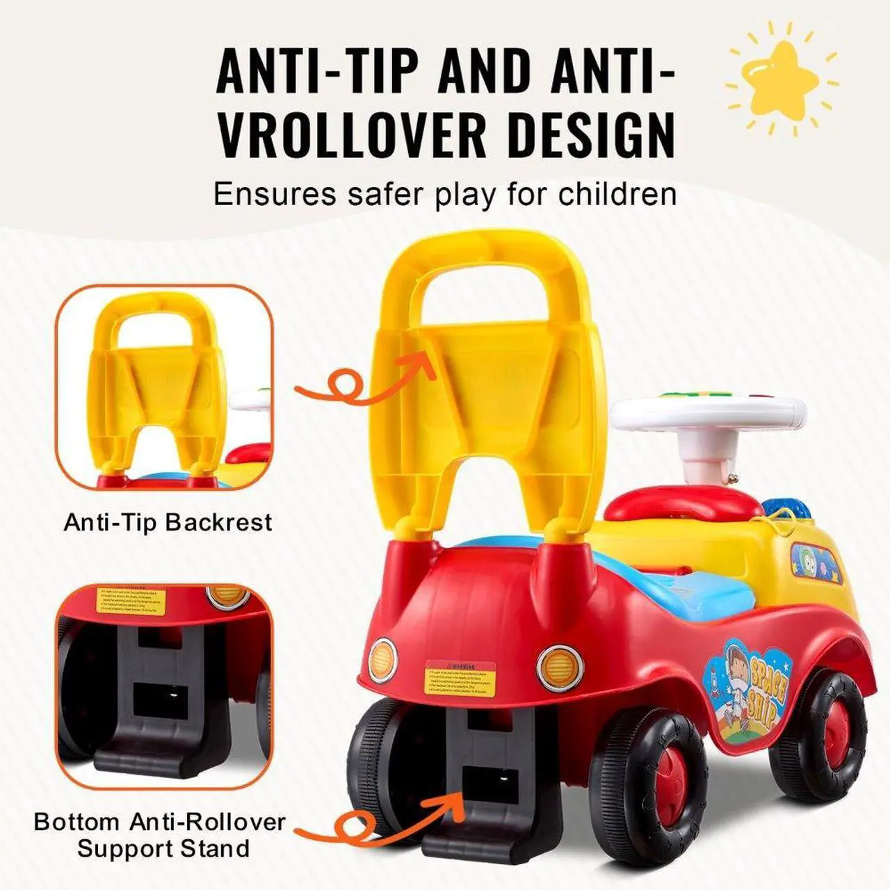 Alt view image 6 of 7 - VEVOR Ride On Push Car for Toddlers, Ages 1-3, Ride Racer, Sit to Stand Toddler Ride On Toy, Classic Kids Ride On Car with Music Steering Wheel, Horn & Under Seat Storage, Ride On Toy for Boys Girls