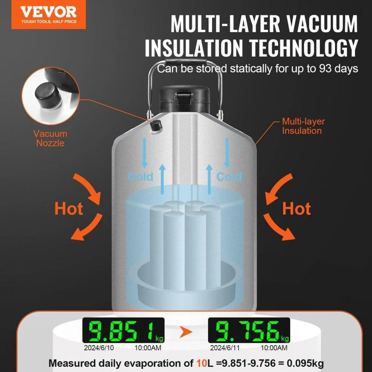 Alt view image 2 of 7 - VEVOR Liquid Nitrogen Tank 10 L Aluminum Alloy LN2 Container Dewar 6 Canisters