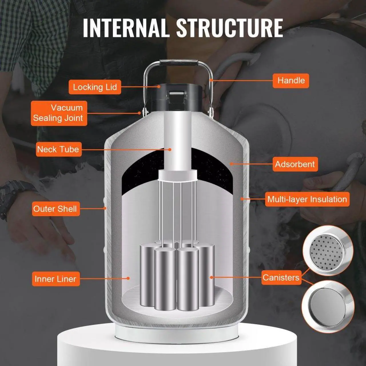 Alt view image 4 of 7 - VEVOR Liquid Nitrogen Tank 10 L Aluminum Alloy LN2 Container Dewar 6 Canisters