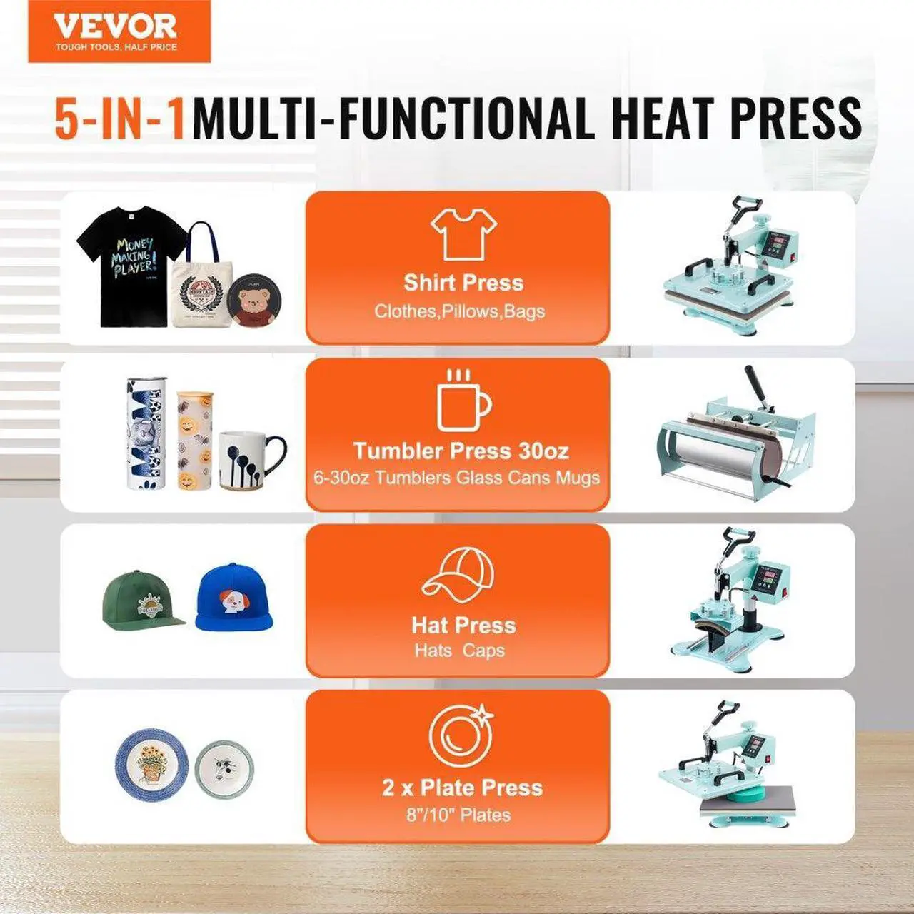 Alt view image 2 of 7 - VEVOR Heat Press Machine 12x15 in 5 in 1 with 30oz Tumbler Press T-Shirts Green