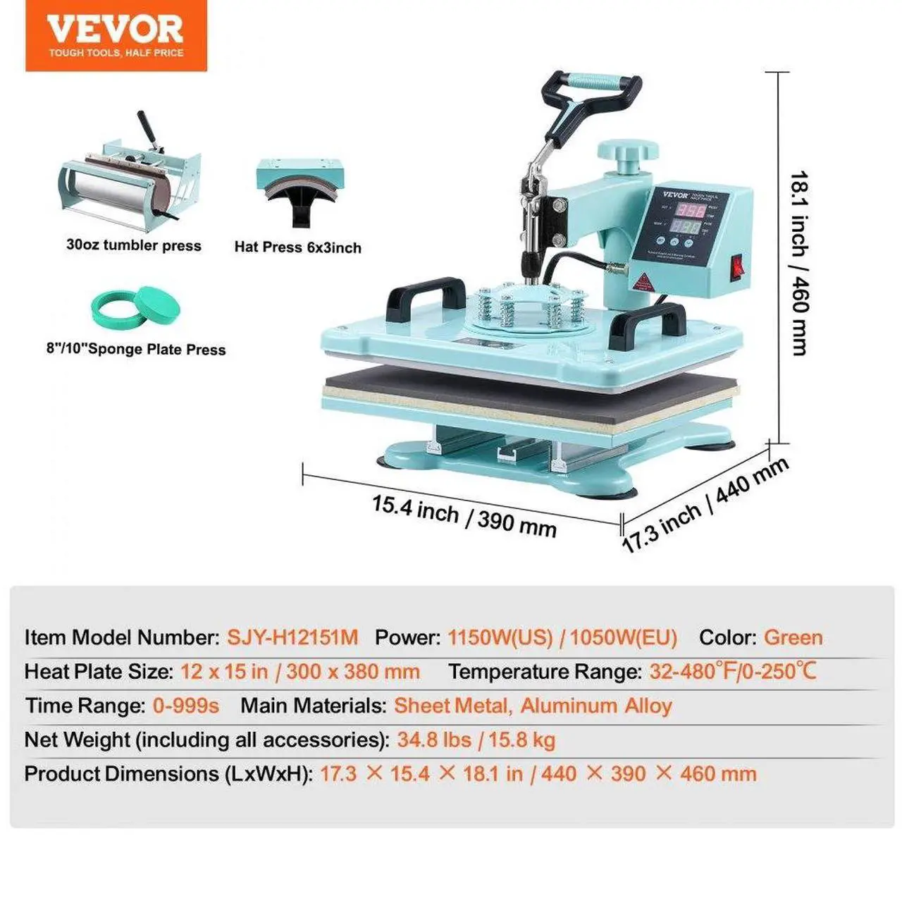 Alt view image 7 of 7 - VEVOR Heat Press Machine 12x15 in 5 in 1 with 30oz Tumbler Press T-Shirts Green