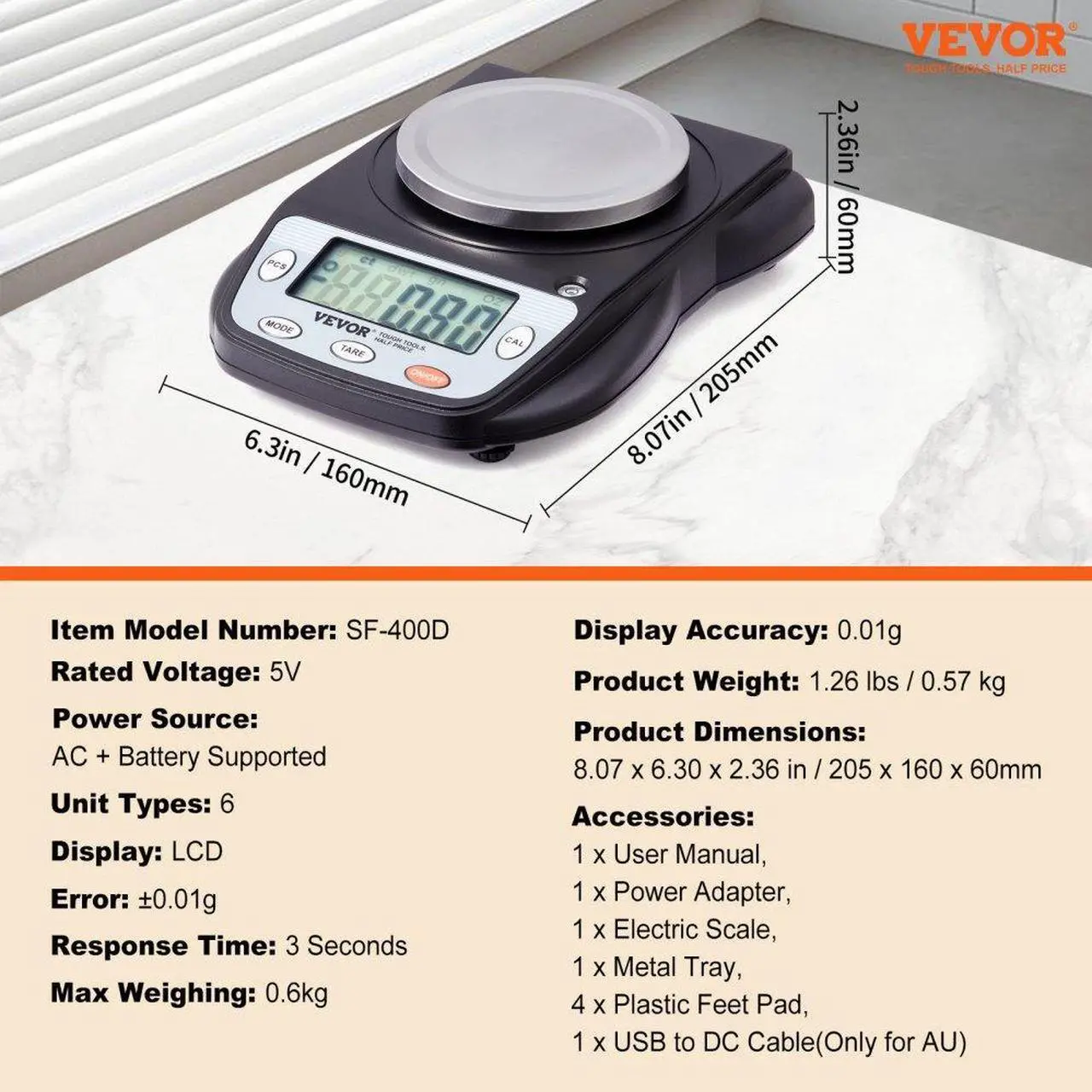 Alt view image 7 of 7 - VEVOR Analytical Balance Lab Scale 600g x 0.01g 6 Units Conversion Electronic