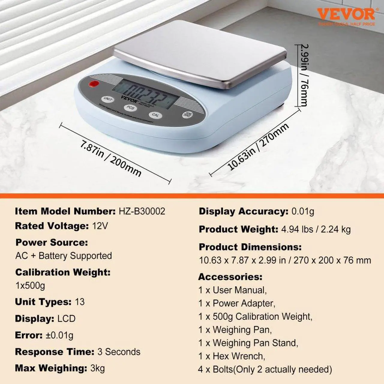 Alt view image 7 of 7 - VEVOR Analytical Balance Lab Scale 3000g x 0.01g 13 Units Conversion Electronic