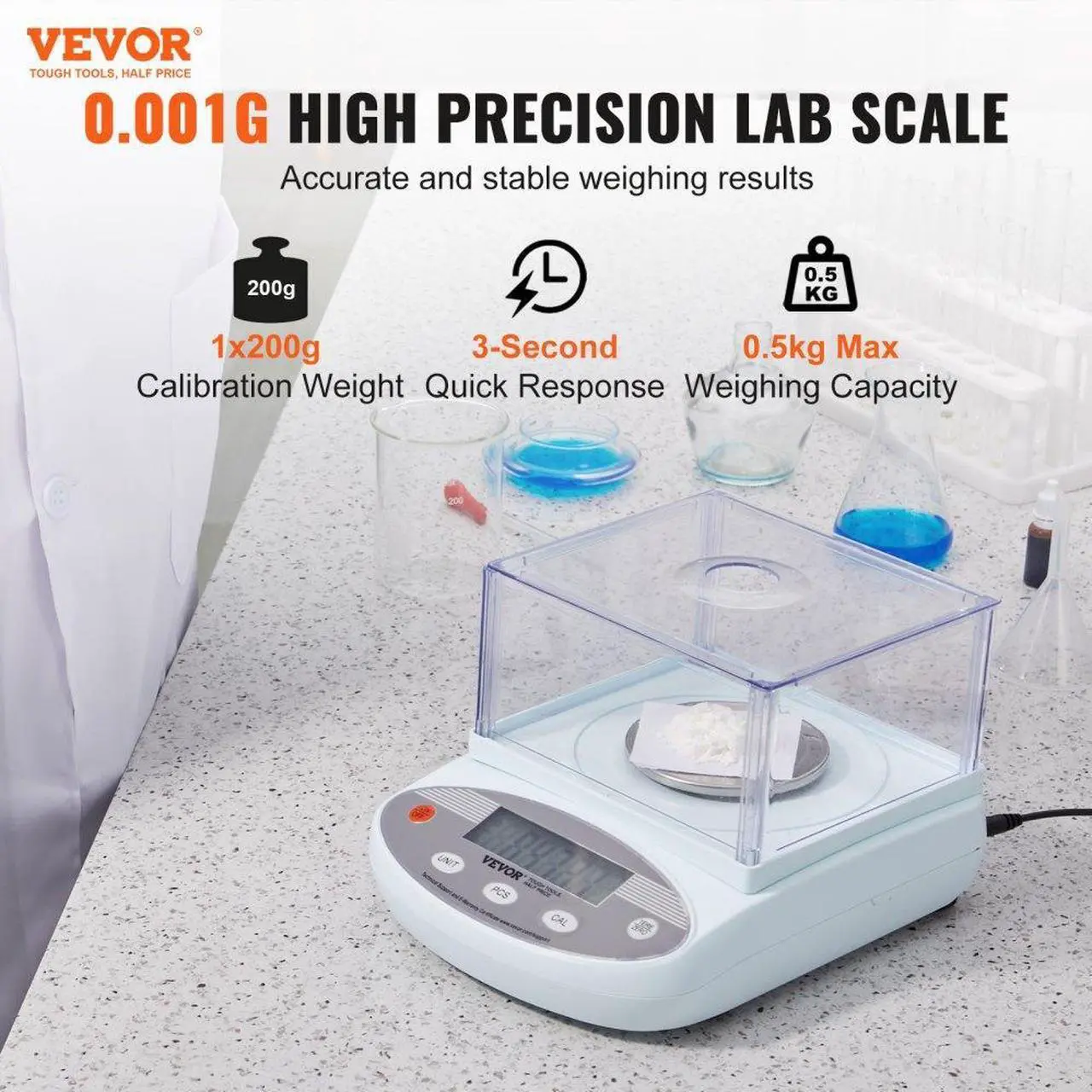 Alt view image 2 of 7 - VEVOR Analytical Balance Lab Scale 500g x 0.001g 13 Units with Windshield LCD