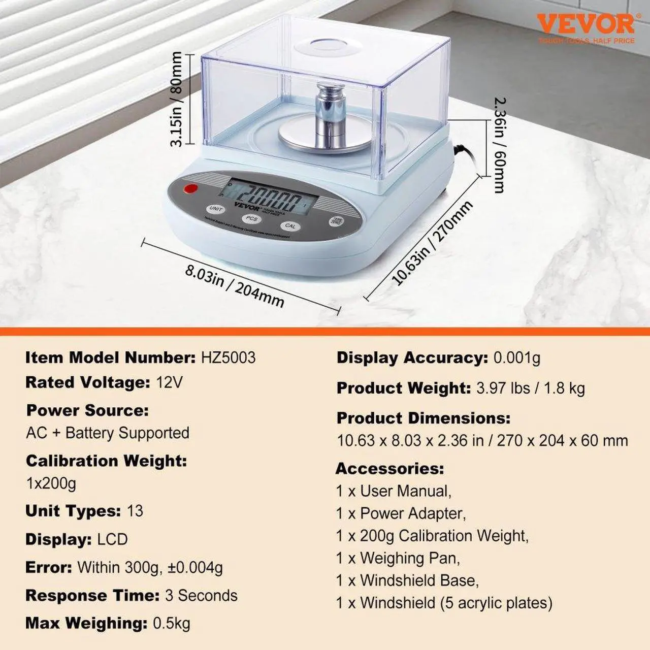 Alt view image 7 of 7 - VEVOR Analytical Balance Lab Scale 500g x 0.001g 13 Units with Windshield LCD