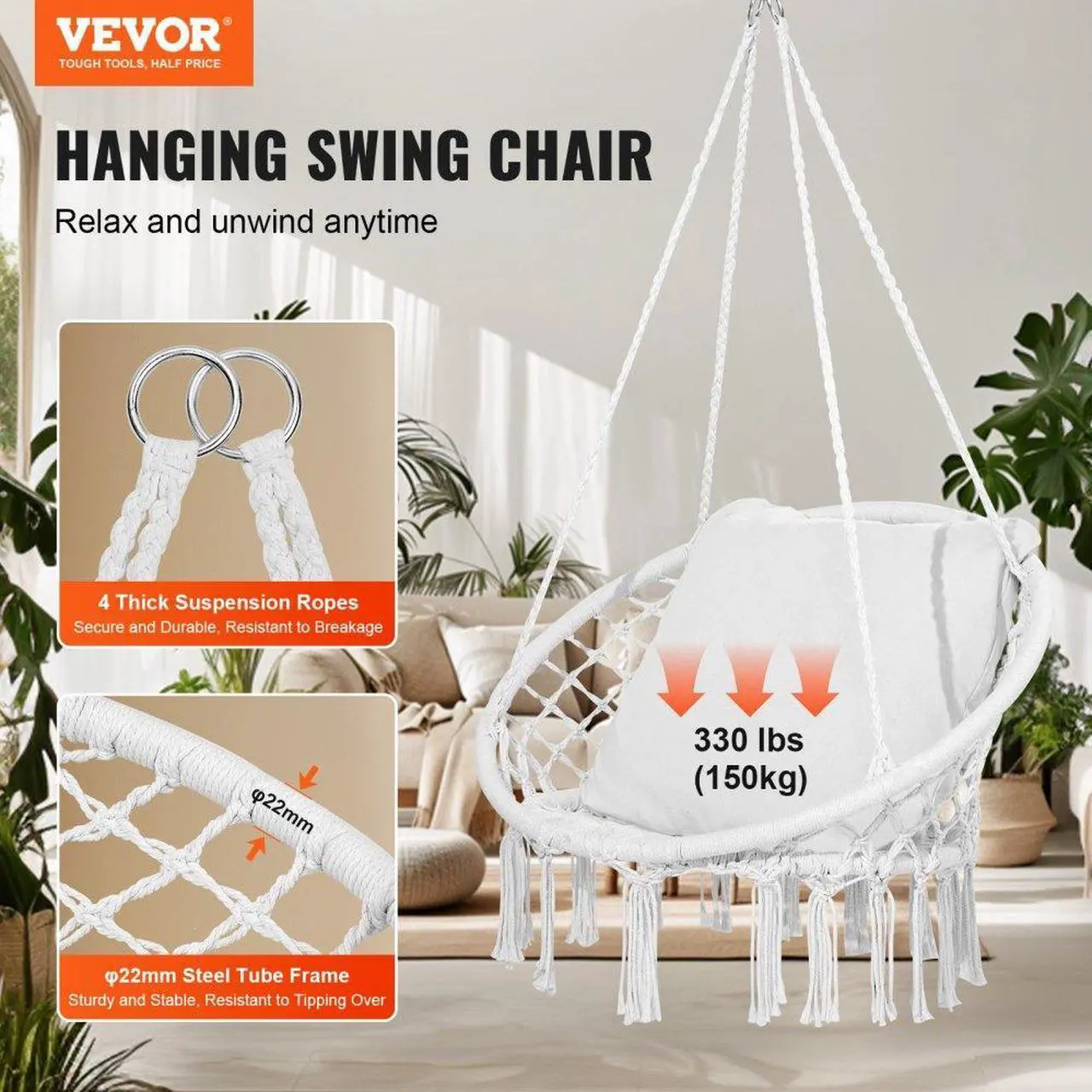 Alt view image 2 of 7 - VEVOR Hammock Swinging Chair Macramé Hanging Chair with Cushion Indoor & Outdoor