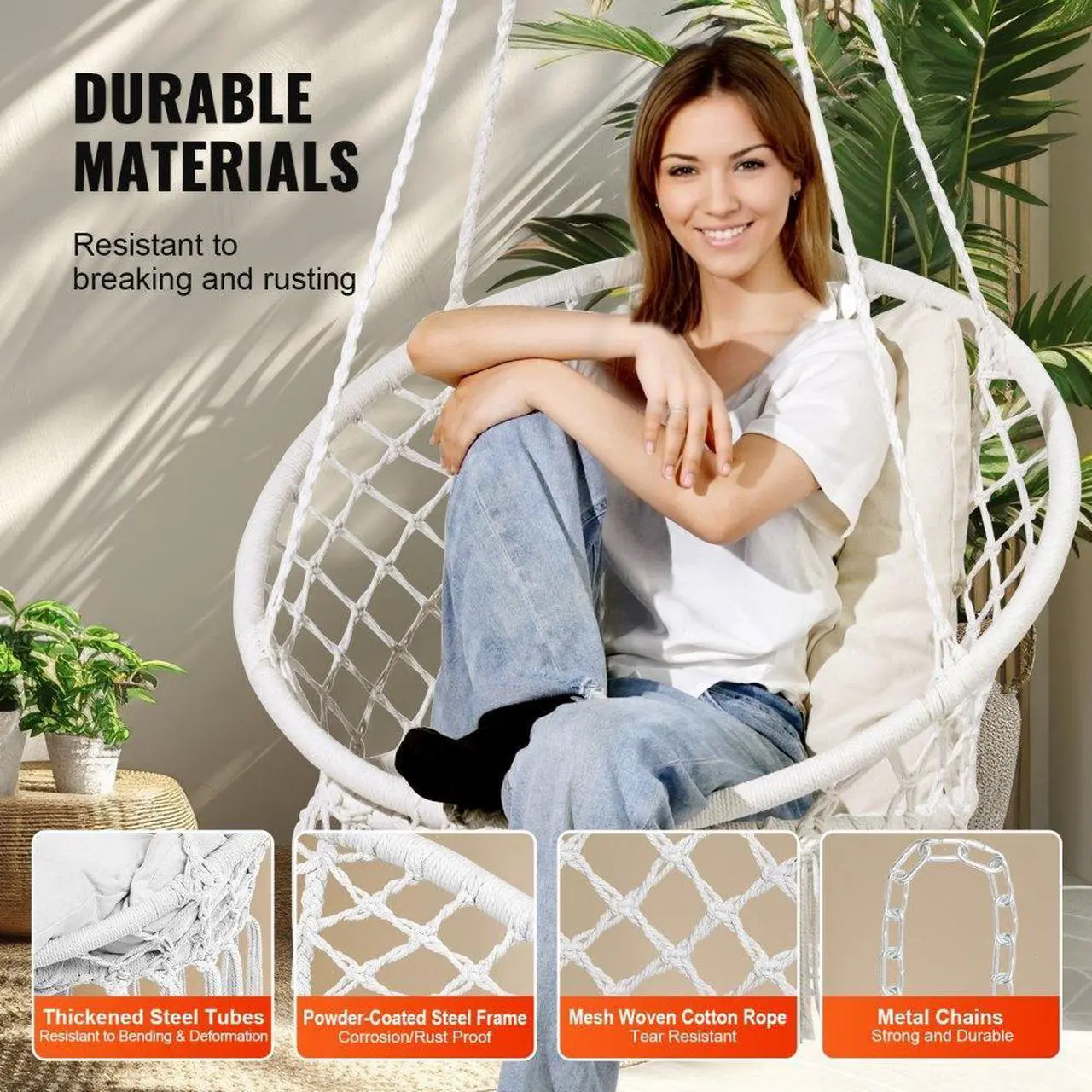 Alt view image 3 of 7 - VEVOR Hammock Swinging Chair Macramé Hanging Chair with Cushion Indoor & Outdoor