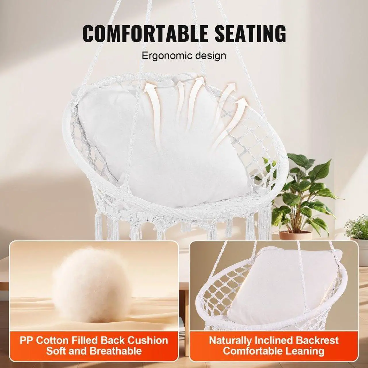 Alt view image 4 of 7 - VEVOR Hammock Swinging Chair Macramé Hanging Chair with Cushion Indoor & Outdoor
