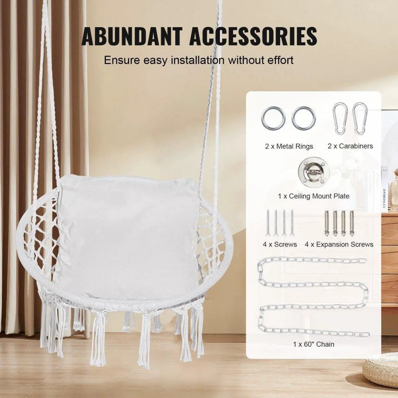 Alt view image 5 of 7 - VEVOR Hammock Swinging Chair Macramé Hanging Chair with Cushion Indoor & Outdoor
