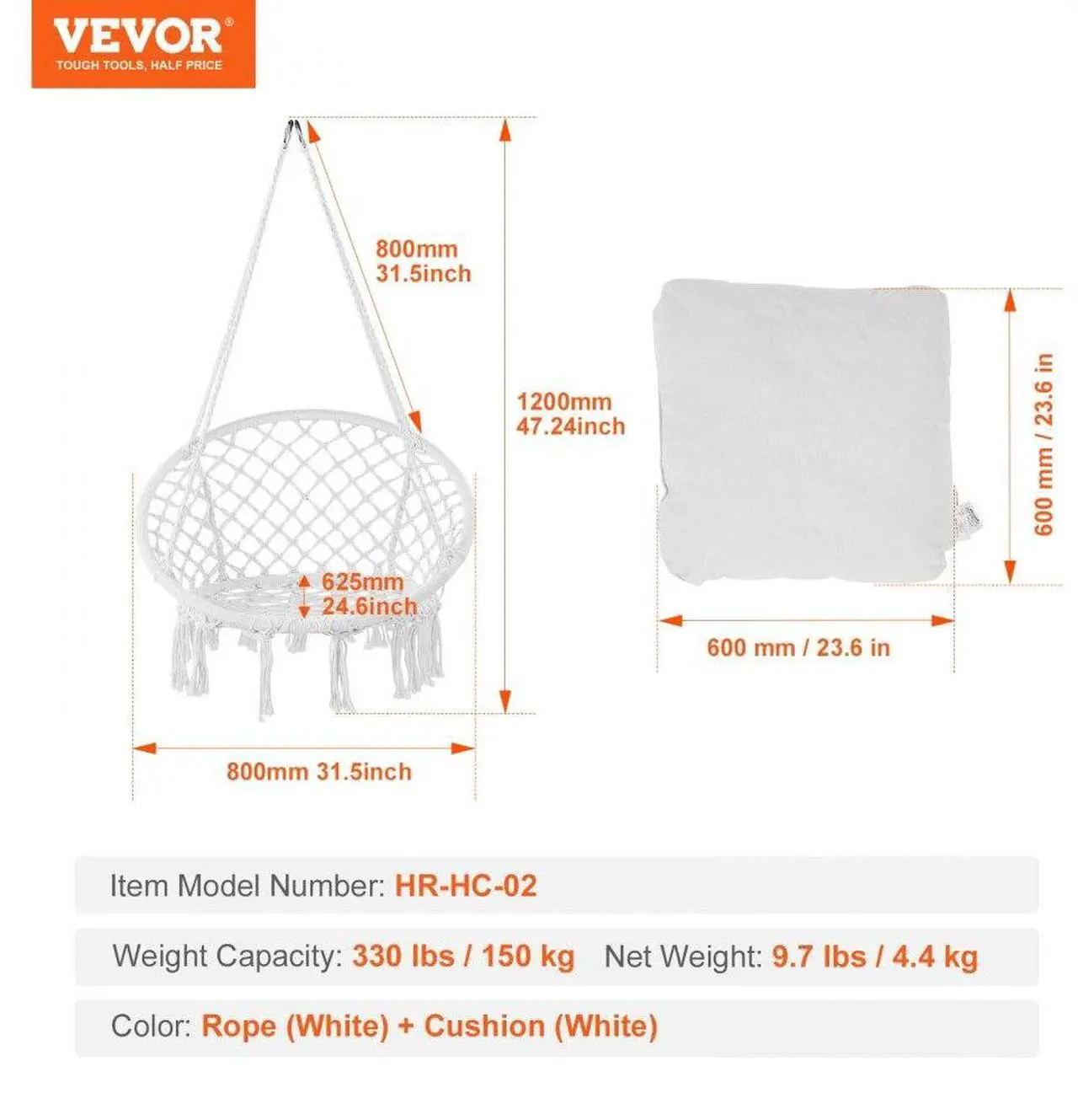 Alt view image 7 of 7 - VEVOR Hammock Swinging Chair Macramé Hanging Chair with Cushion Indoor & Outdoor