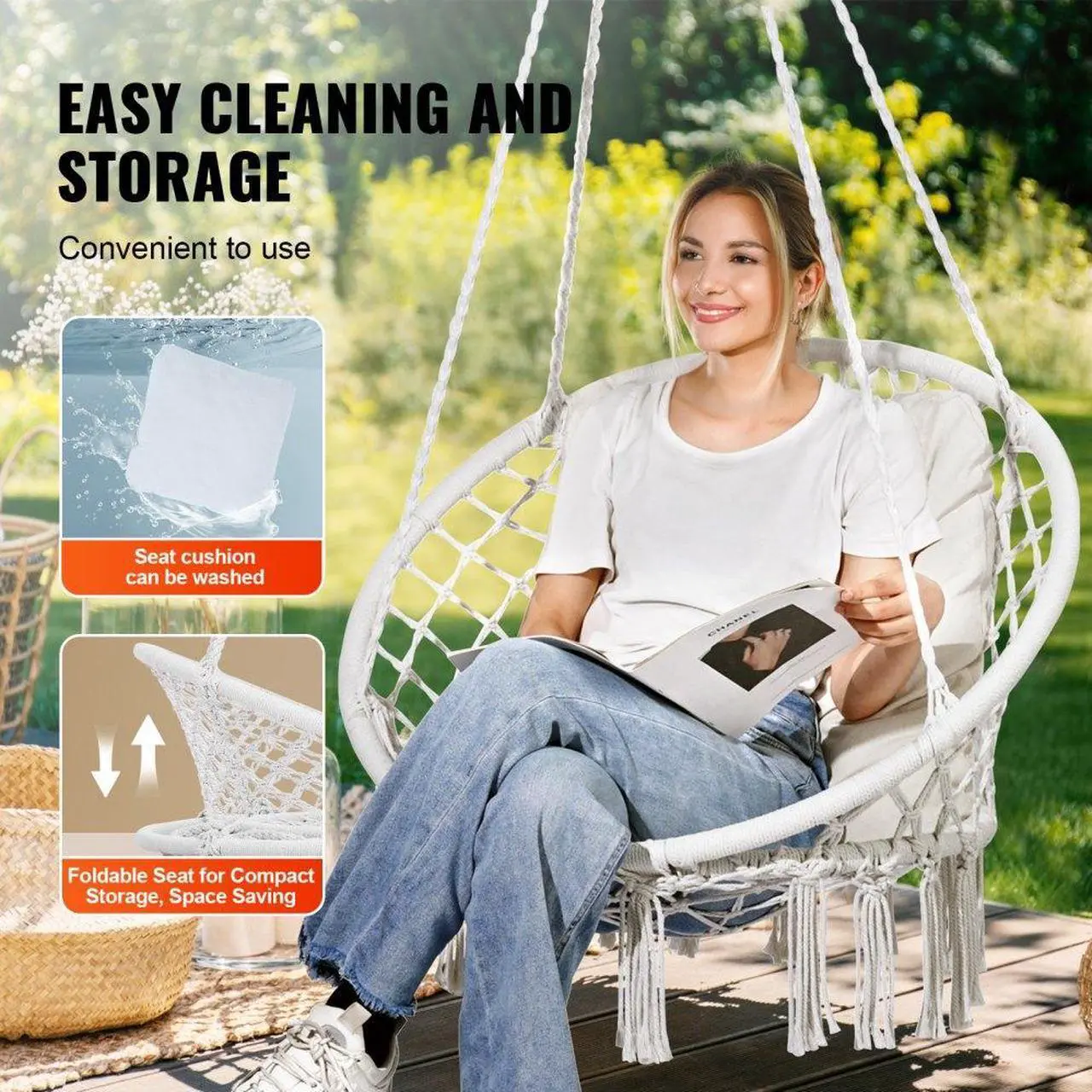 Alt view image 6 of 7 - VEVOR Hammock Swinging Chair Macramé Hanging Chair with Cushion Indoor & Outdoor