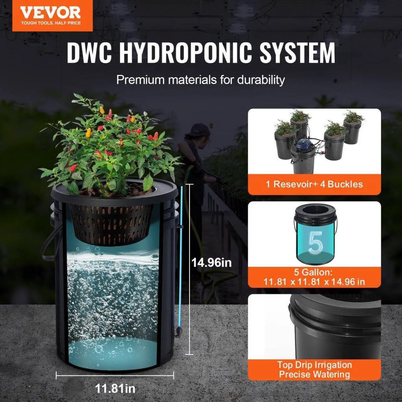 Alt view image 2 of 7 - VEVOR RDWC Hydroponics System Recirculating Deep Water Culture 4 Buckets 5 Gal
