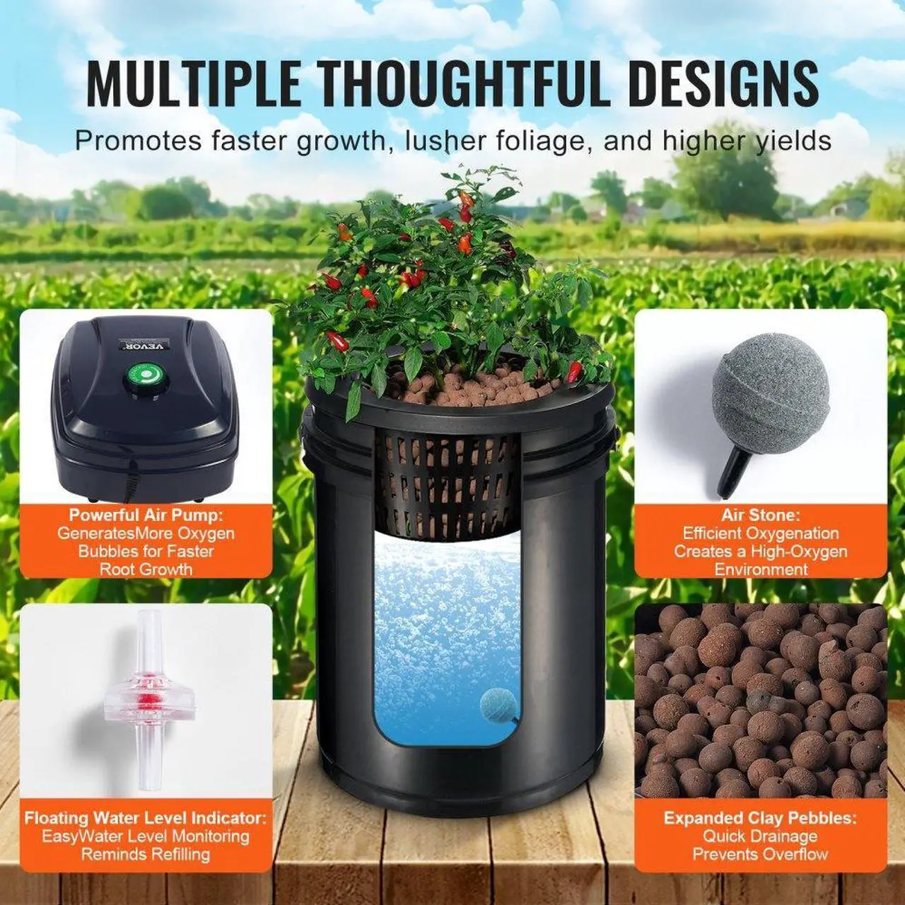 Alt view image 3 of 7 - VEVOR RDWC Hydroponics System Recirculating Deep Water Culture 4 Buckets 5 Gal