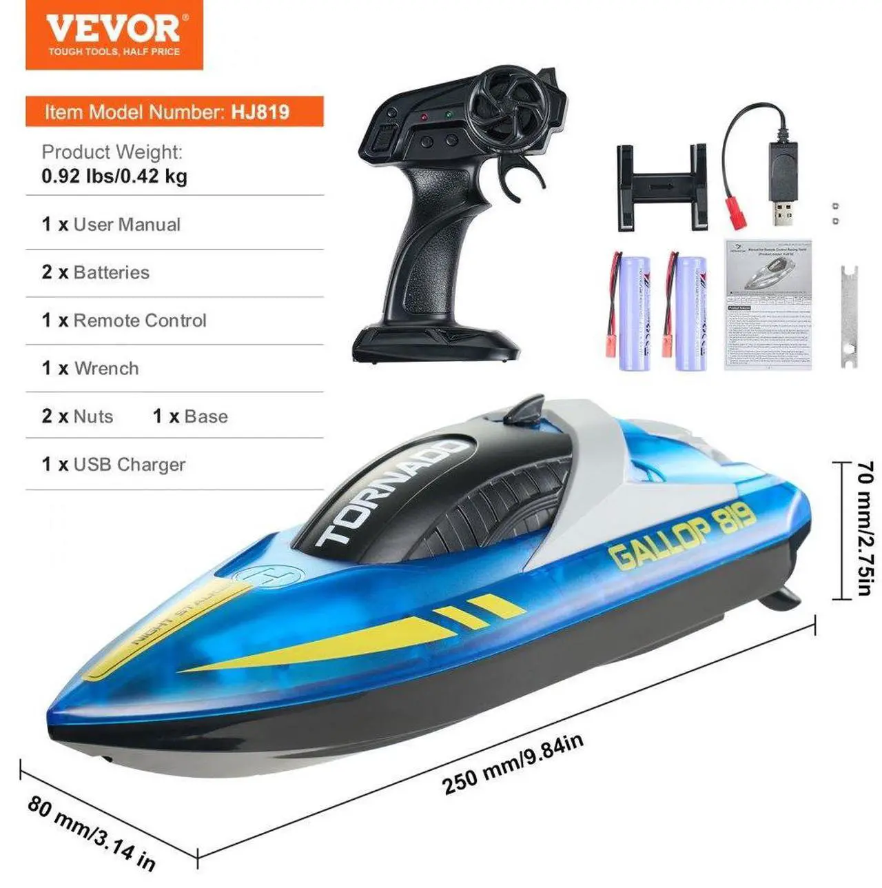 Alt view image 7 of 7 - VEVOR Christmas gifts! RC Boat 2.4 GHz Remote Control Racing Boat 12 km/h Kids Adults Gift Blue