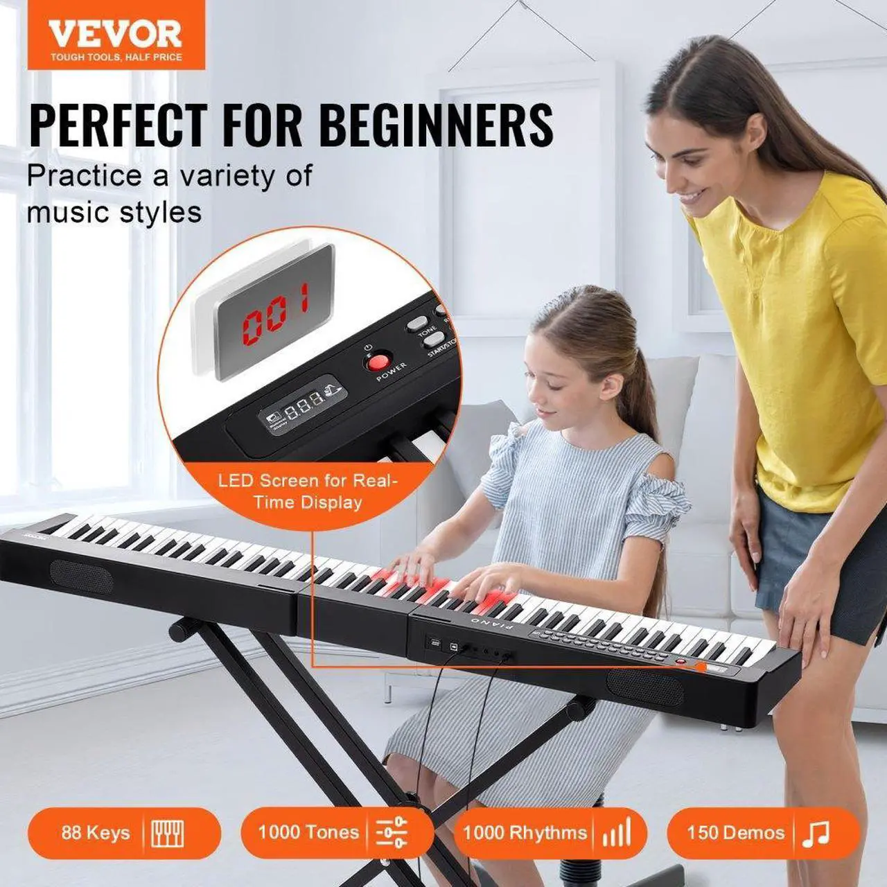 Alt view image 2 of 7 - VEVOR 88 Key Digital Piano Keyboard Semi Weighted Electric Portable with Stand