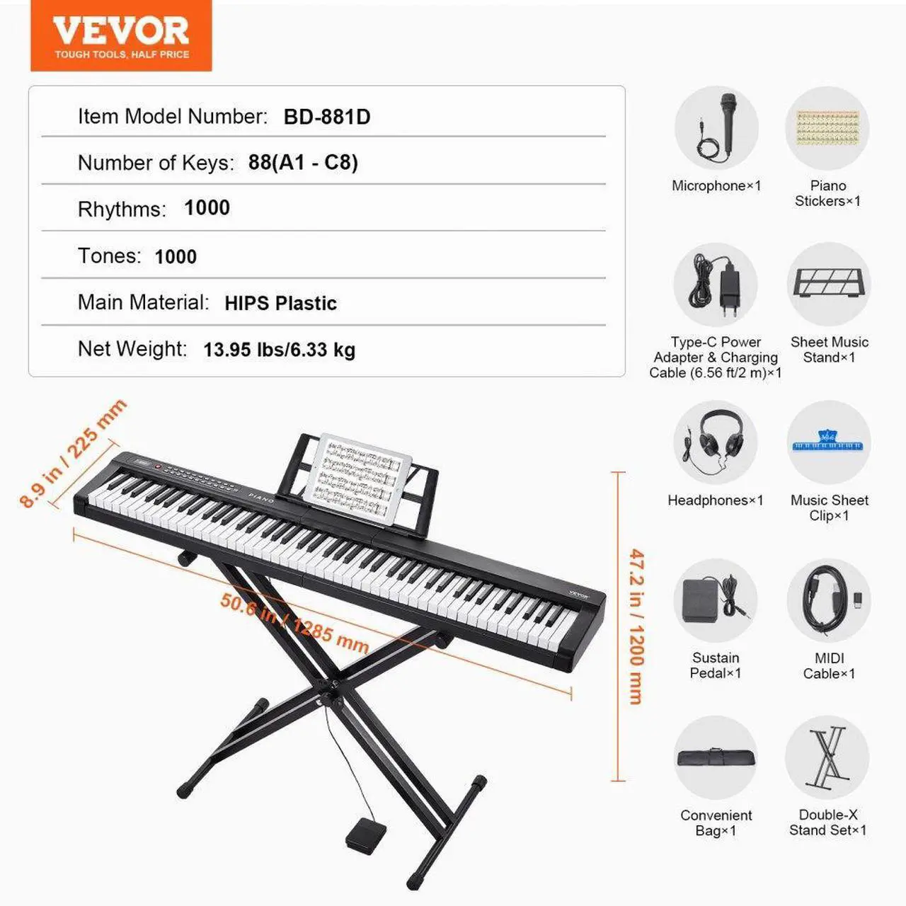Alt view image 7 of 7 - VEVOR 88 Key Digital Piano Keyboard Semi Weighted Electric Portable with Stand